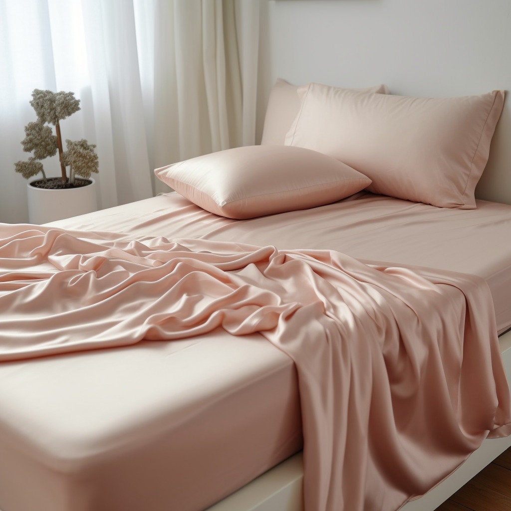 Peach satin sheet set Glossy sateen deep fitted sheet and flat sheet and 2 pillow covers Queen California King Full Double Twin sheet