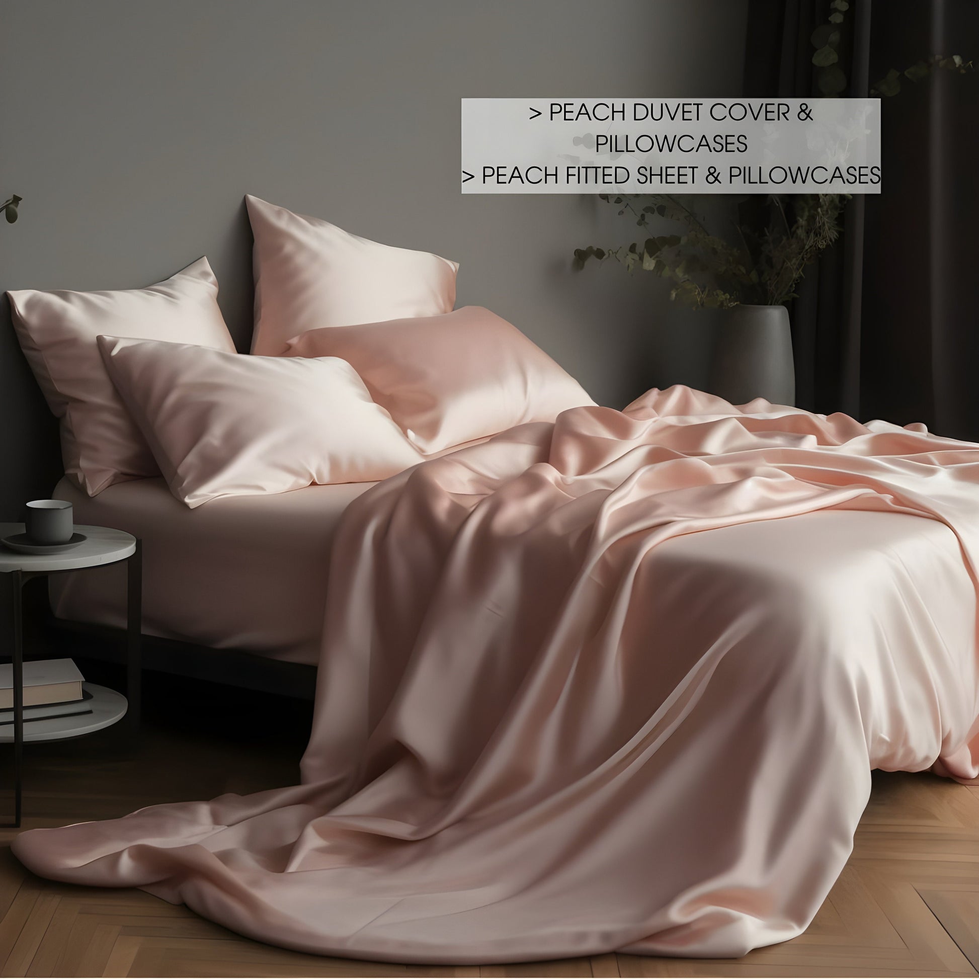 Peach satin bed linen set Glossy sateen duvet cover and 2 pillow covers Cooling soft silky bedding Natural cotton silk bedding