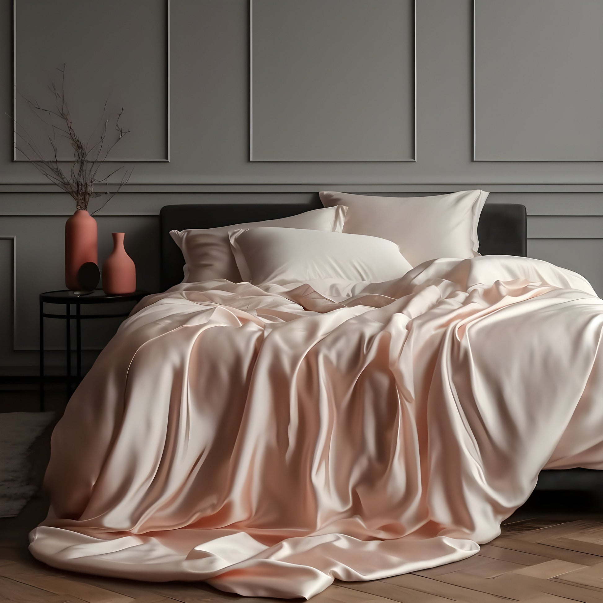 Peach satin bed linen set Glossy sateen duvet cover and 2 pillow covers Cooling soft silky bedding Natural cotton silk bedding