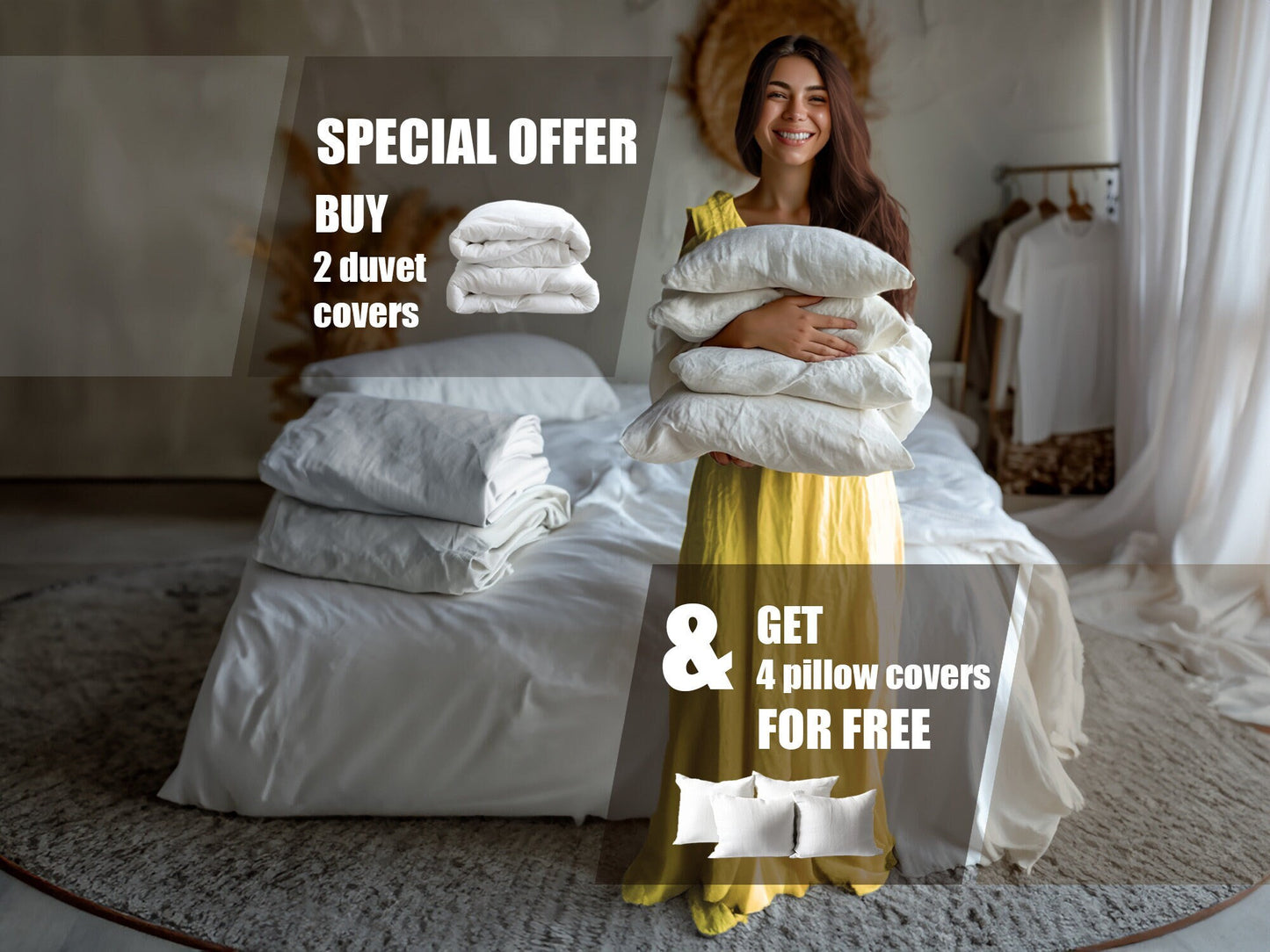 Set of 2 white natural linen duvet covers and gift - 4 pillow covers Queen King Full Double custom size linen bedding Soft thermoregulating