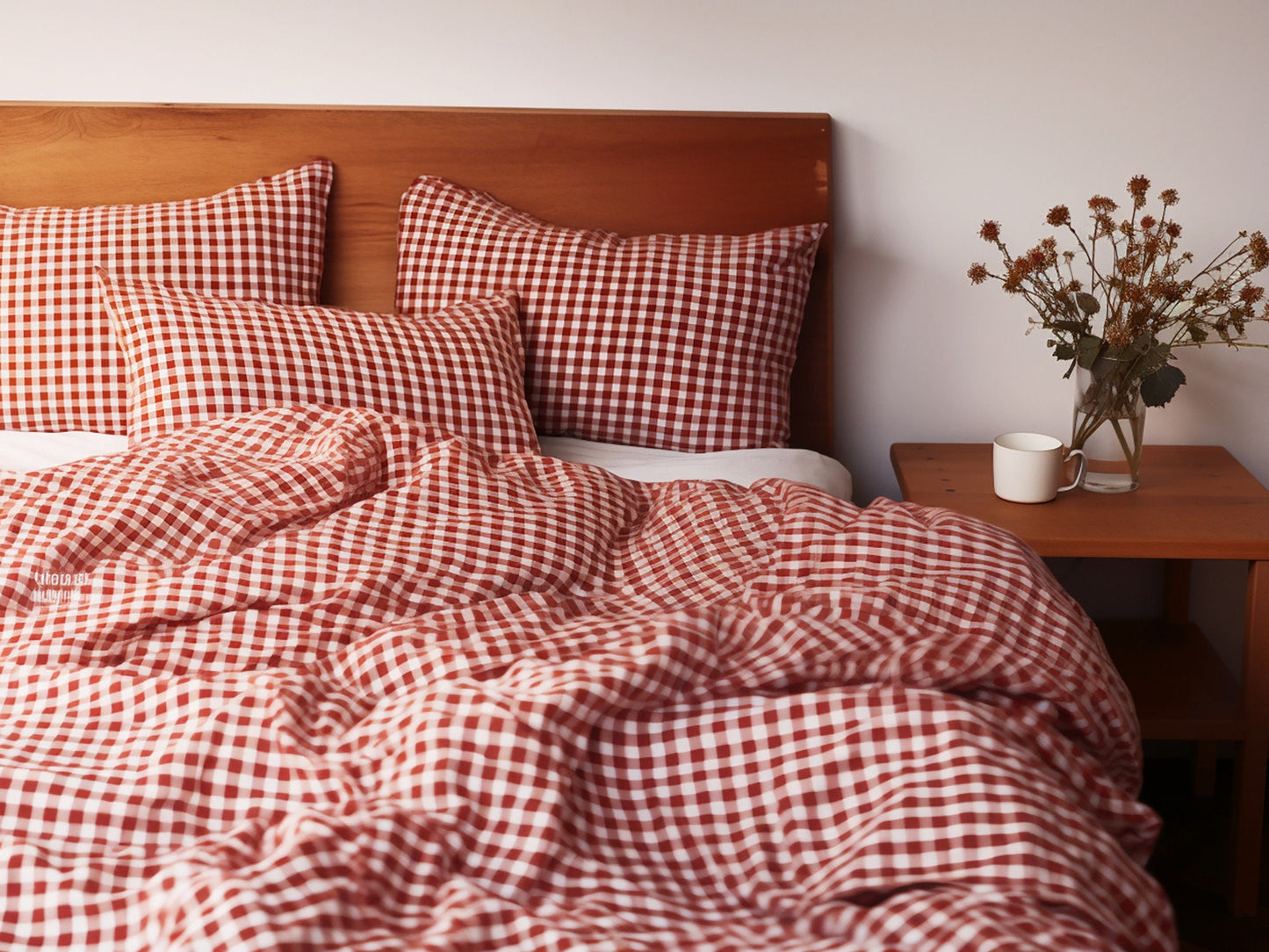 Red gingham cotton bed linen set Checked red duvet cover and 2 pillow covers Red checkered cotton bedding Natural red grid cotton bedding