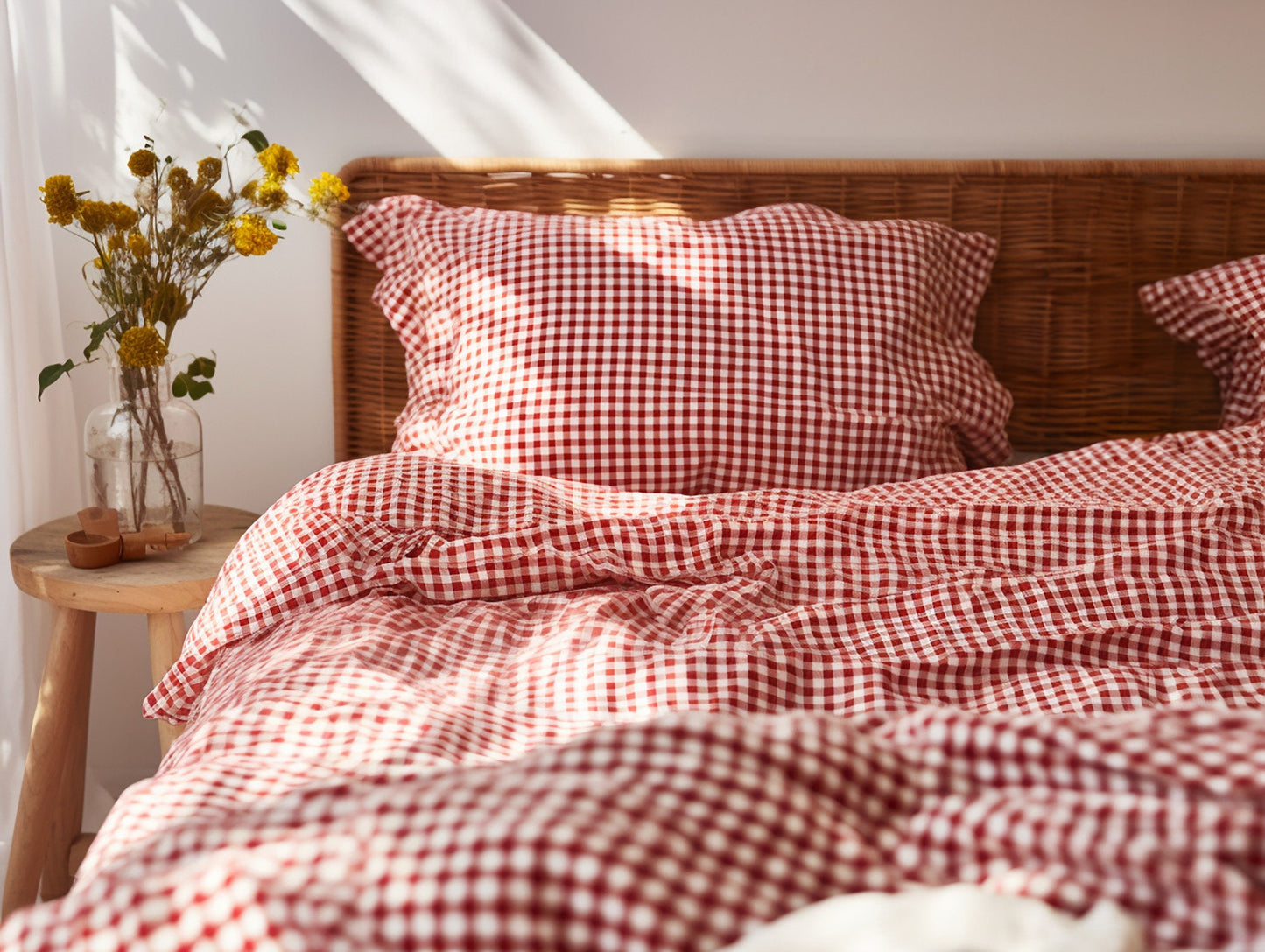 Red gingham cotton bed linen set Checked red duvet cover and 2 pillow covers Red checkered cotton bedding Natural red grid cotton bedding