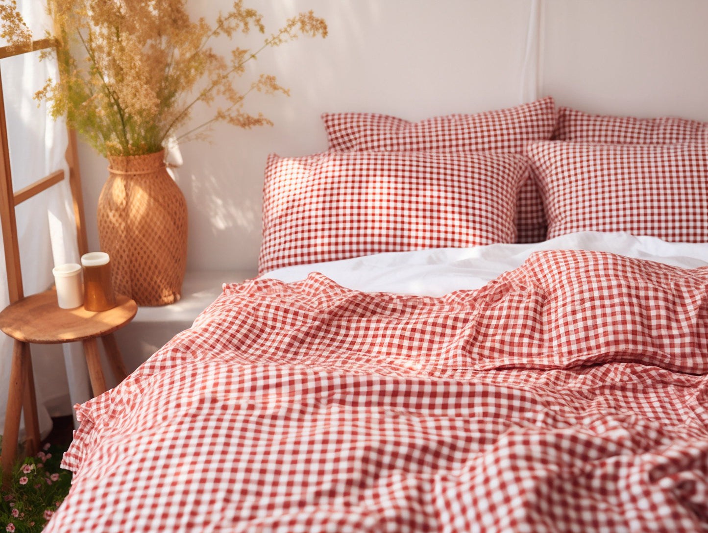 Red gingham cotton bed linen set Checked red duvet cover and 2 pillow covers Red checkered cotton bedding Natural red grid cotton bedding