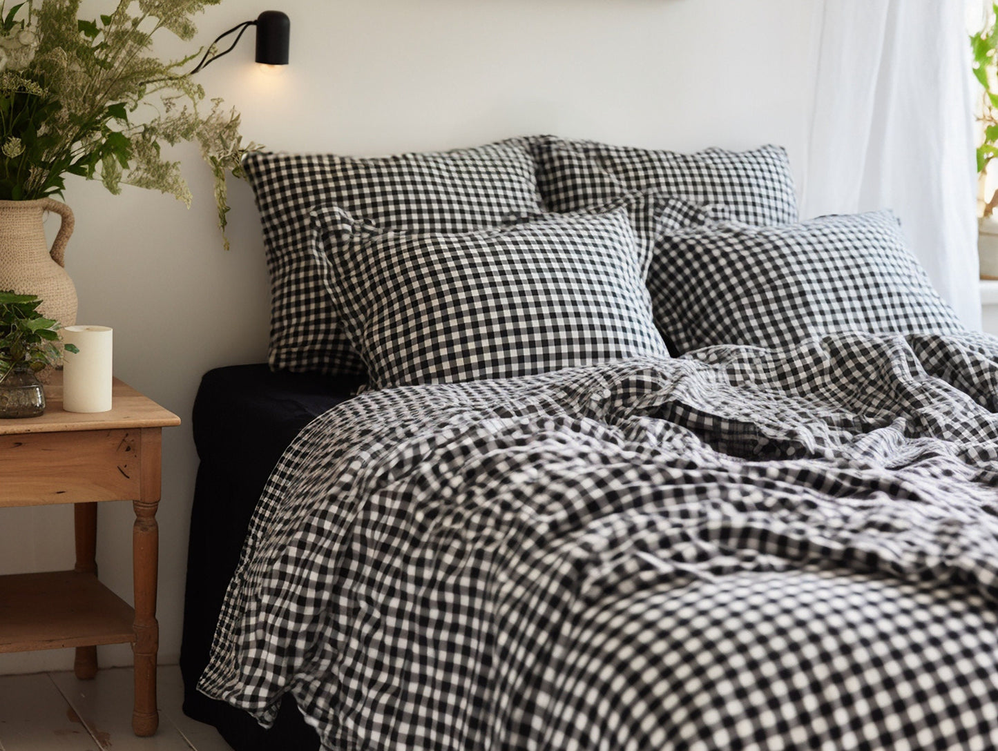 Black gingham cotton bed linen set Checked duvet cover and 2 pillow covers Black checkered cotton bedding Natural black grid cotton bedding