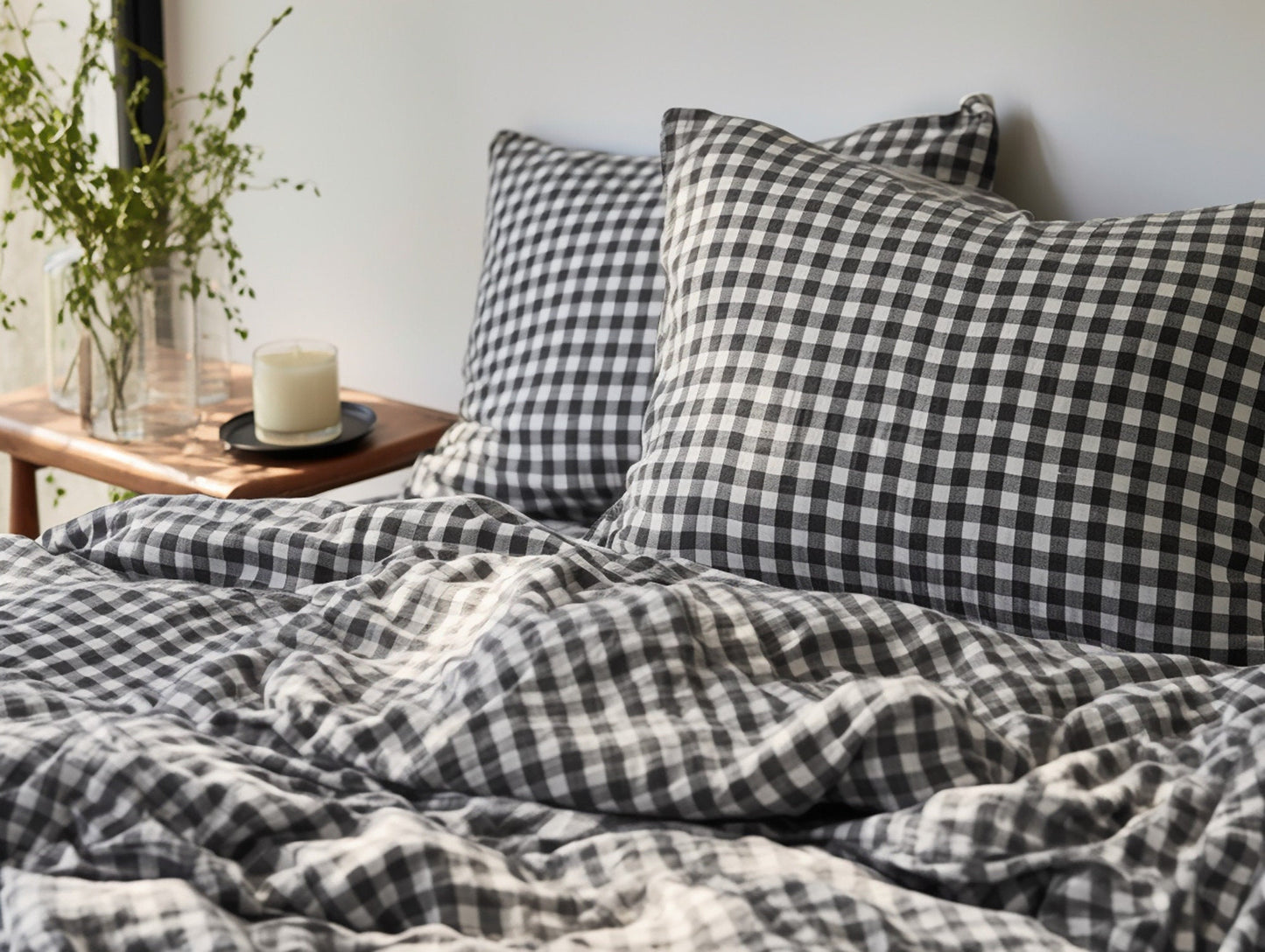 Black gingham cotton bed linen set Checked duvet cover and 2 pillow covers Black checkered cotton bedding Natural black grid cotton bedding