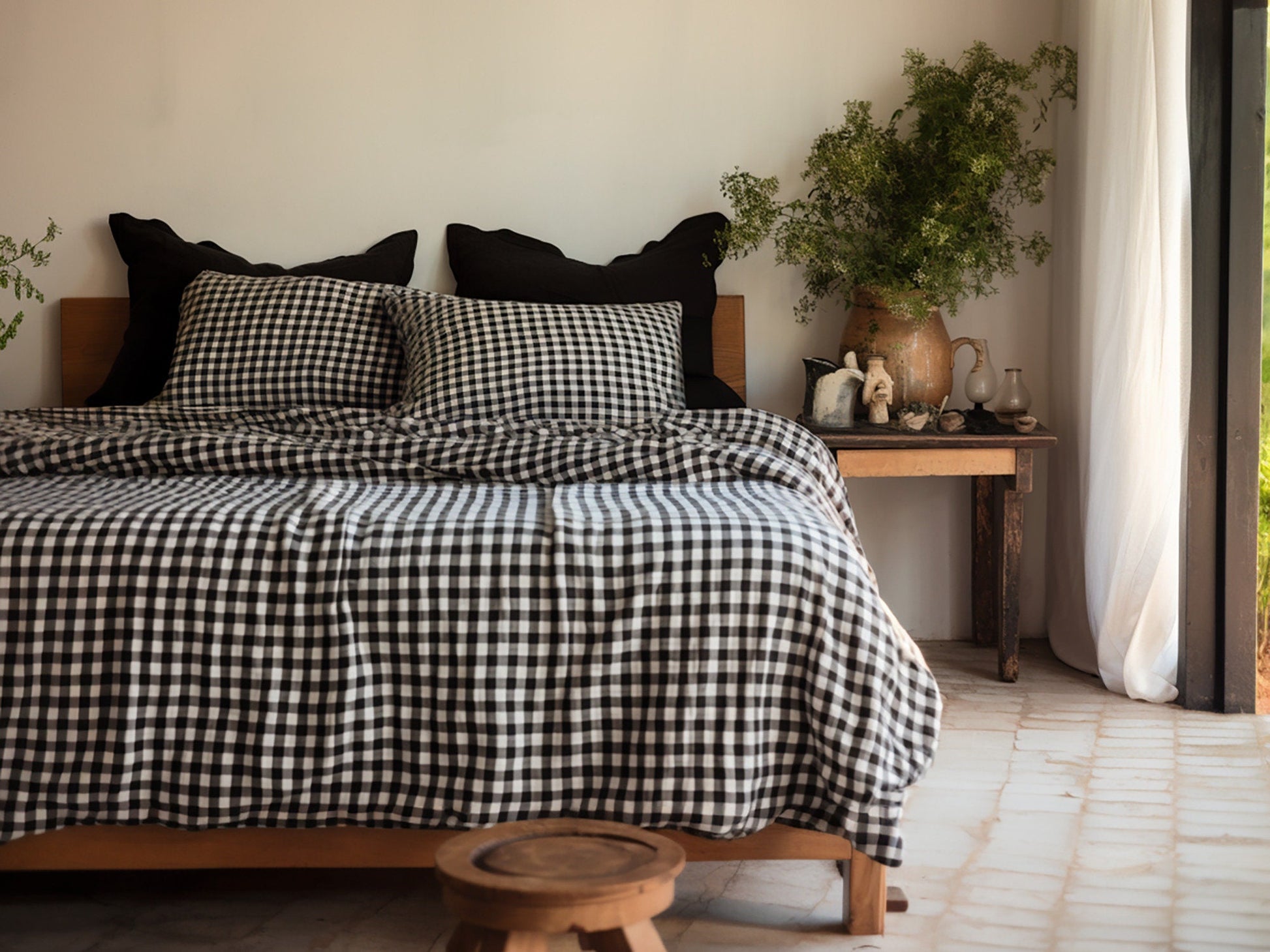 Black gingham cotton bed linen set Checked duvet cover and 2 pillow covers Black checkered cotton bedding Natural black grid cotton bedding