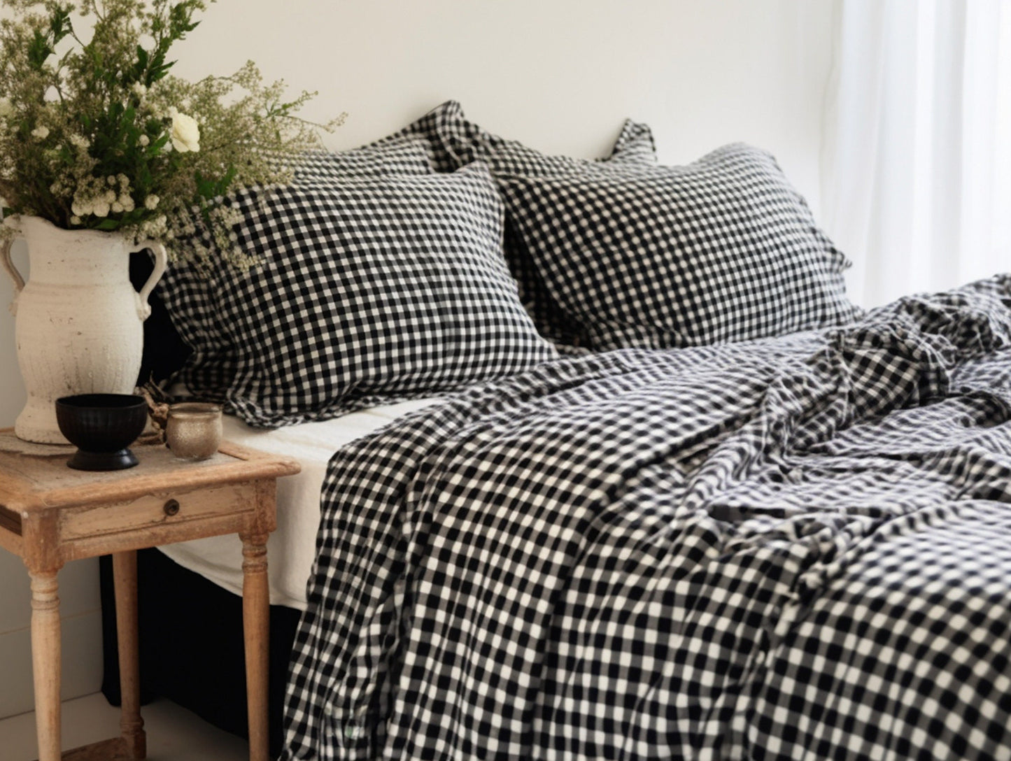 Black gingham cotton bed linen set Checked duvet cover and 2 pillow covers Black checkered cotton bedding Natural black grid cotton bedding