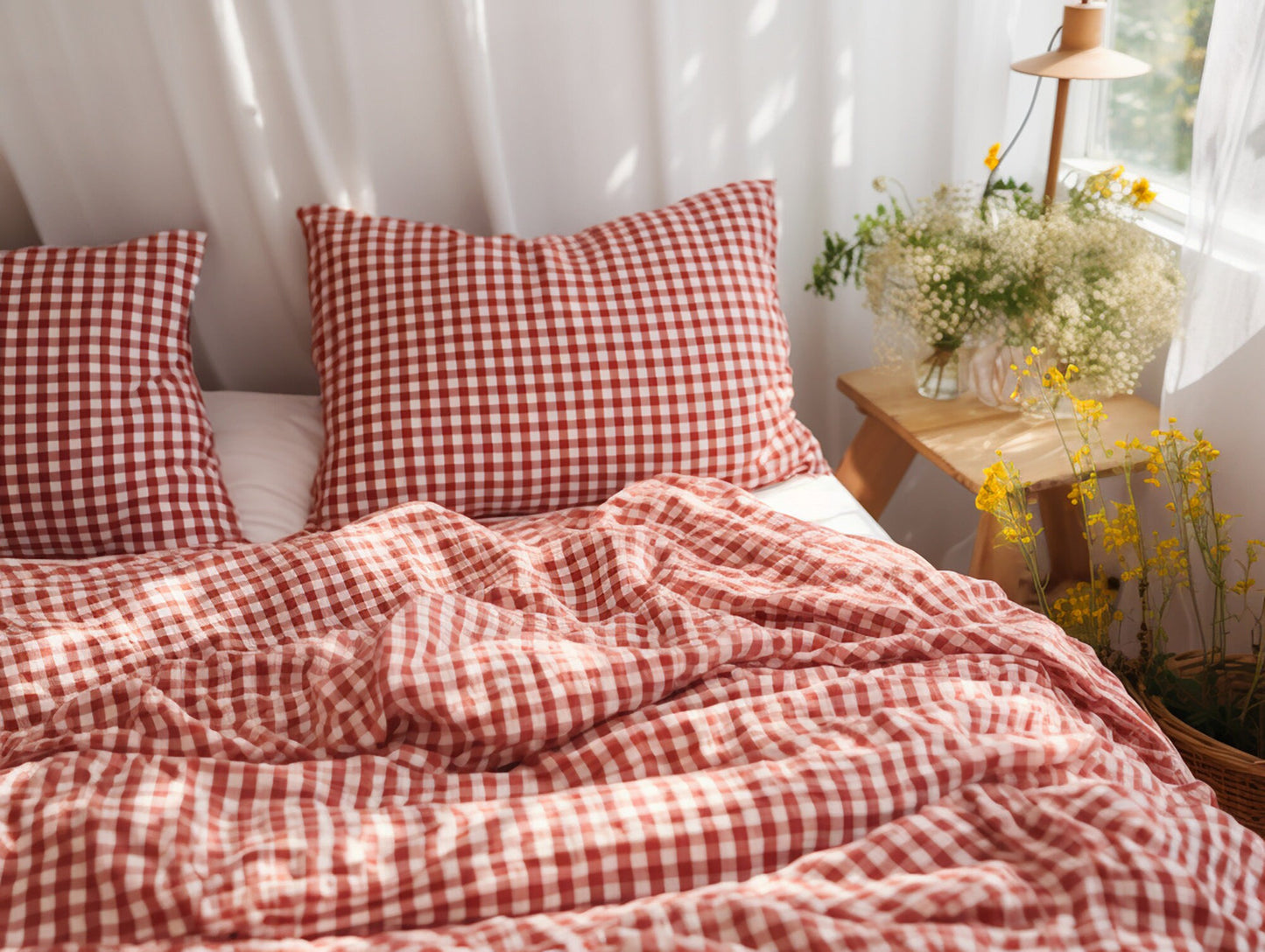 Red gingham cotton pillow cases or shams set 1 or 2 Checked red pillow covers Red checkered cotton sham Natural red grid cotton pillow