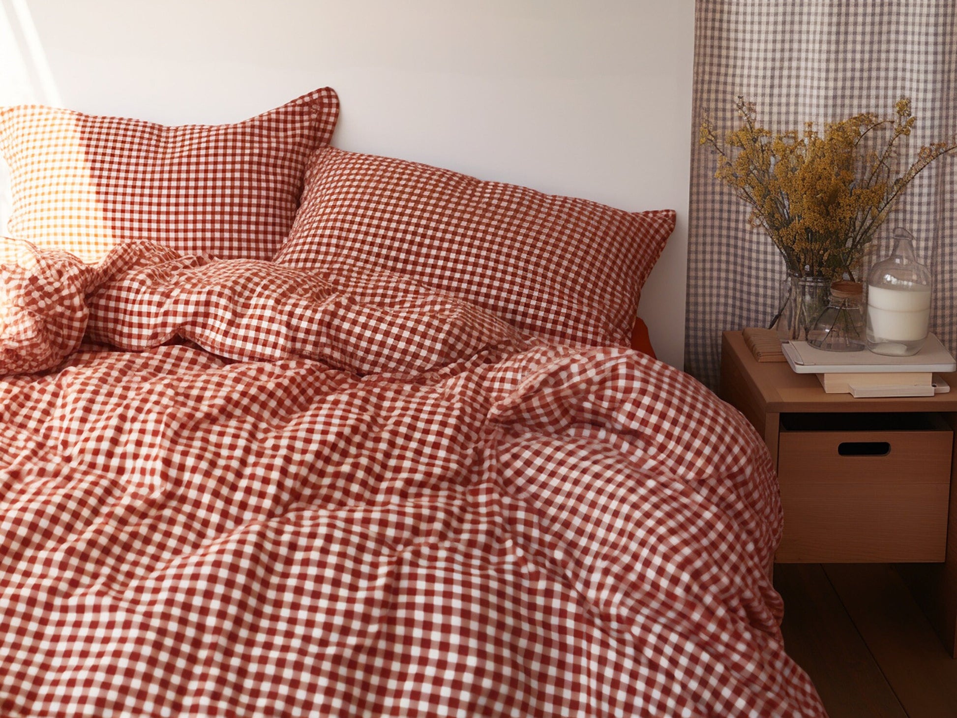 Red gingham cotton pillow cases or shams set 1 or 2 Checked red pillow covers Red checkered cotton sham Natural red grid cotton pillow