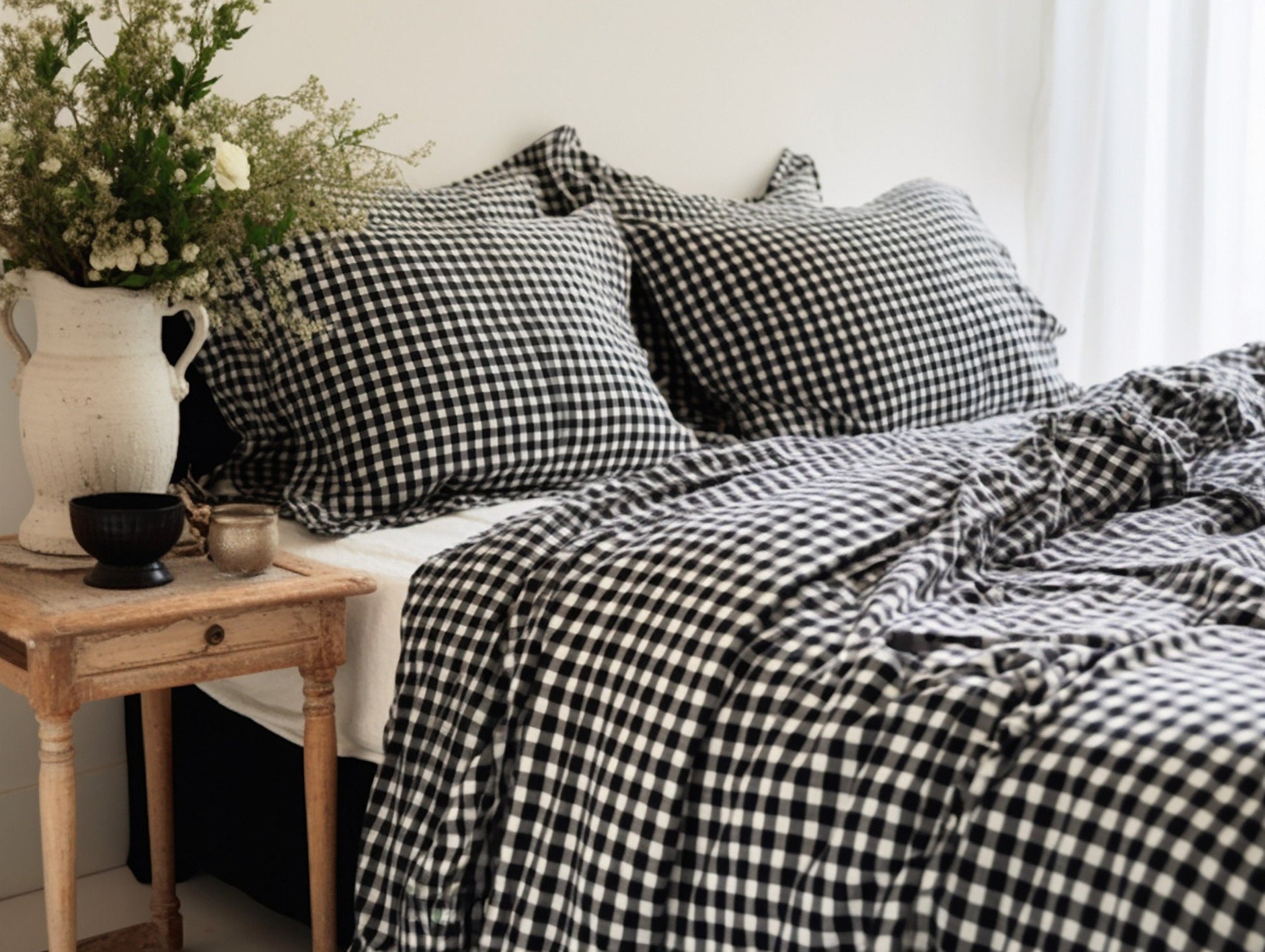 Black gingham cotton pillow cases or shams set 1 or 2 Checked black pillow covers Black checkered cotton sham Black grid cotton pillow