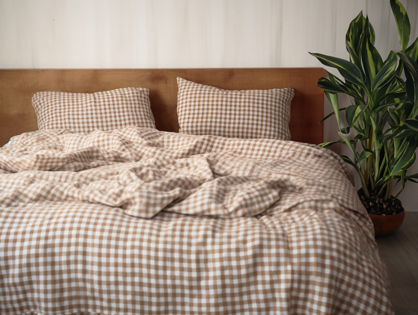 Beige gingham cotton bed linen set Checked duvet cover and 2 pillow covers Beige checkered cotton bedding Natural beige grid cotton bedding