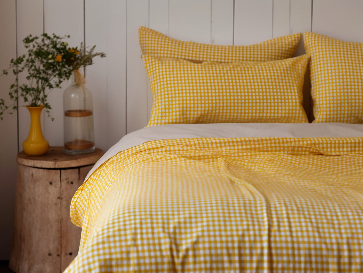 Yellow gingham cotton pillow cases or shams set 1 or 2 Checked yellow pillow covers Yellow checkered cotton sham Yellow grid cotton pillow