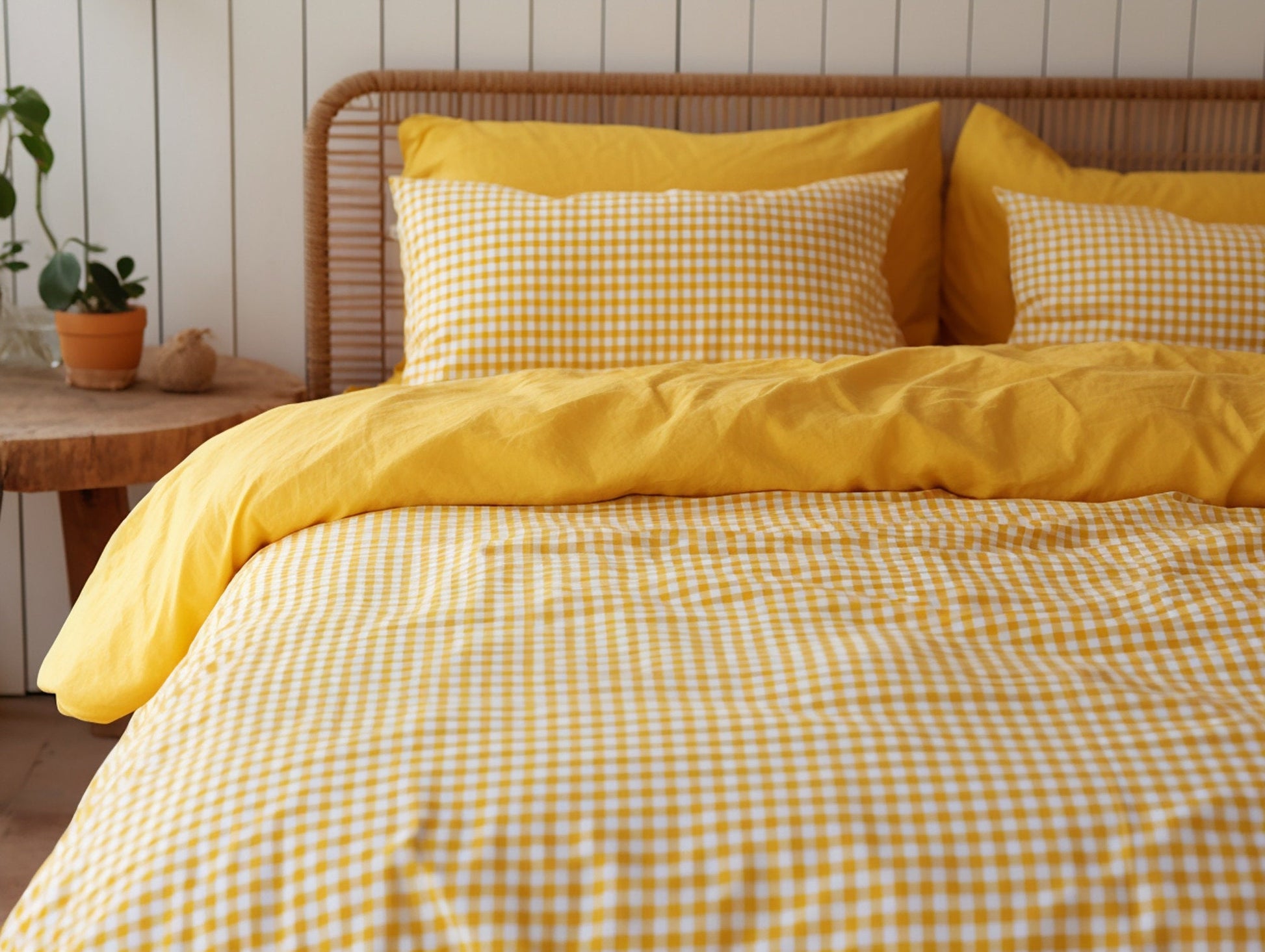 Yellow gingham cotton pillow cases or shams set 1 or 2 Checked yellow pillow covers Yellow checkered cotton sham Yellow grid cotton pillow