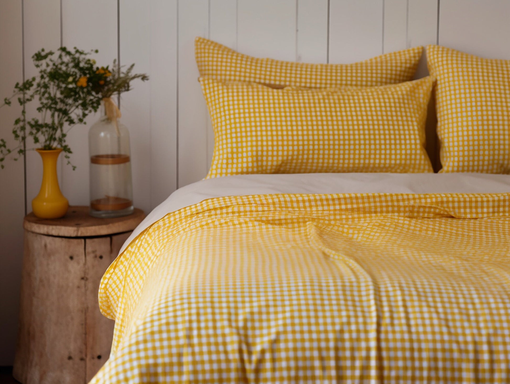 Yellow gingham cotton bed linen set Checked duvet cover and 2 pillow covers Yellow checkered cotton bedding Yellow grid cotton bedding