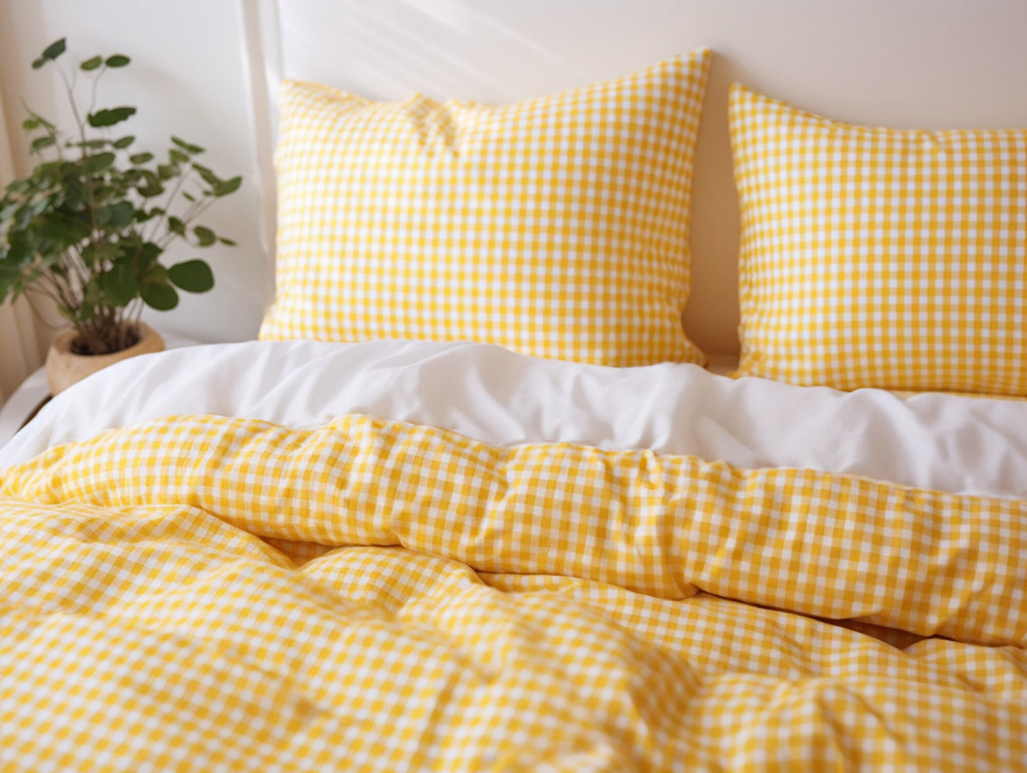 Yellow gingham cotton bed linen set Checked duvet cover and 2 pillow covers Yellow checkered cotton bedding Yellow grid cotton bedding