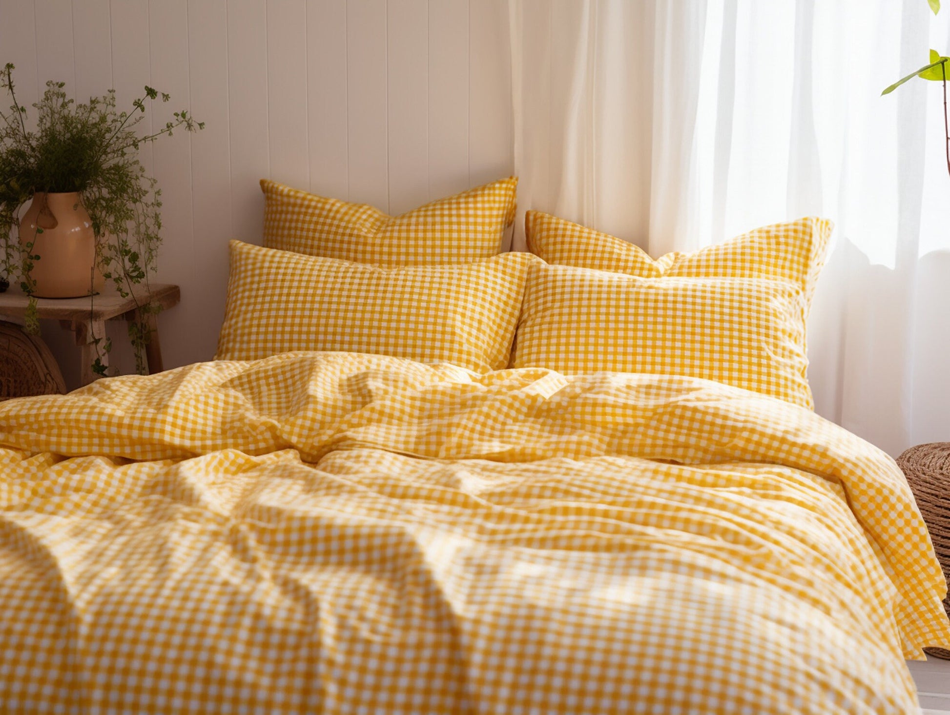 Yellow gingham cotton bed linen set Checked duvet cover and 2 pillow covers Yellow checkered cotton bedding Yellow grid cotton bedding