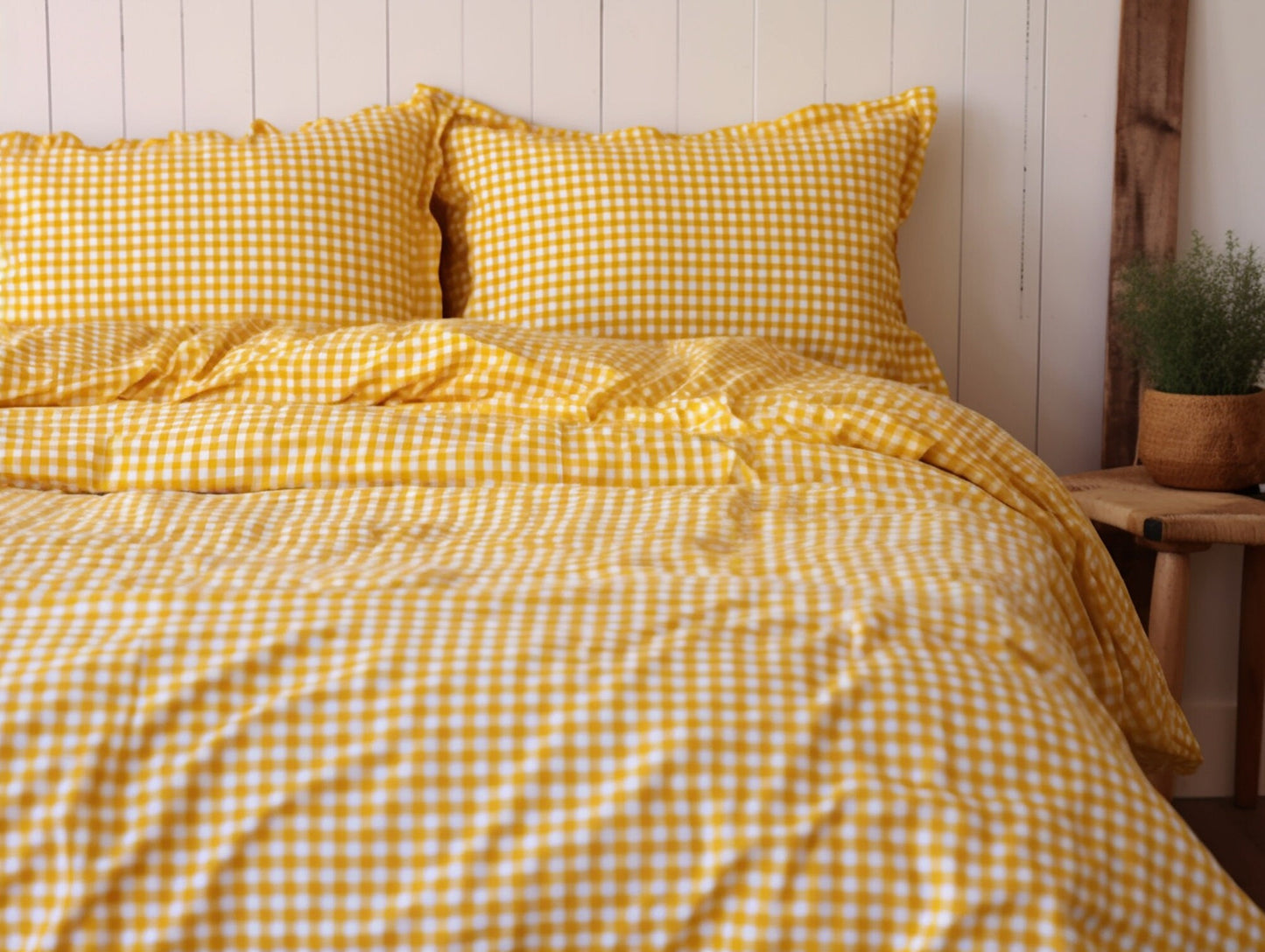 Yellow gingham cotton bed linen set Checked duvet cover and 2 pillow covers Yellow checkered cotton bedding Yellow grid cotton bedding