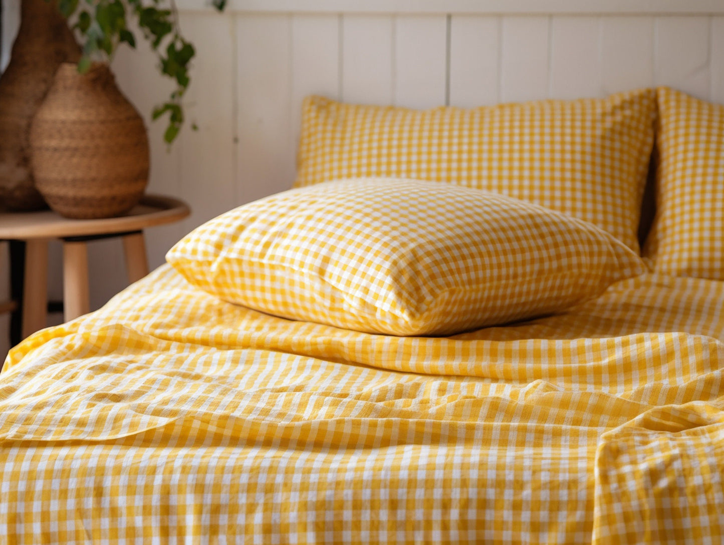 Yellow gingham cotton fitted sheet Checkered deep pocket Checked cotton bedding Yellow grid cotton Full Queen King Twin Double Custom size