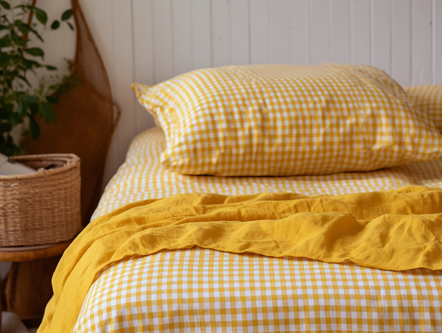 Yellow gingham cotton fitted sheet Checkered deep pocket Checked cotton bedding Yellow grid cotton Full Queen King Twin Double Custom size