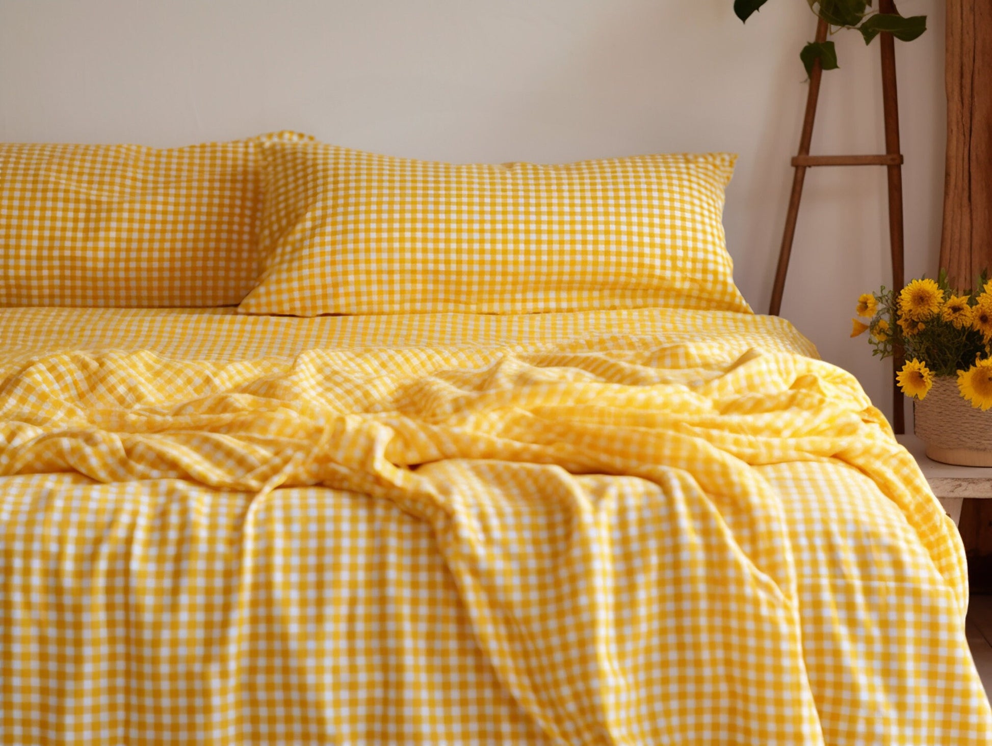 Yellow gingham cotton flat sheet Checkered bed sheet Checked cotton bedding Yellow grid cotton bedding Queen King Double Twin Custom sizes