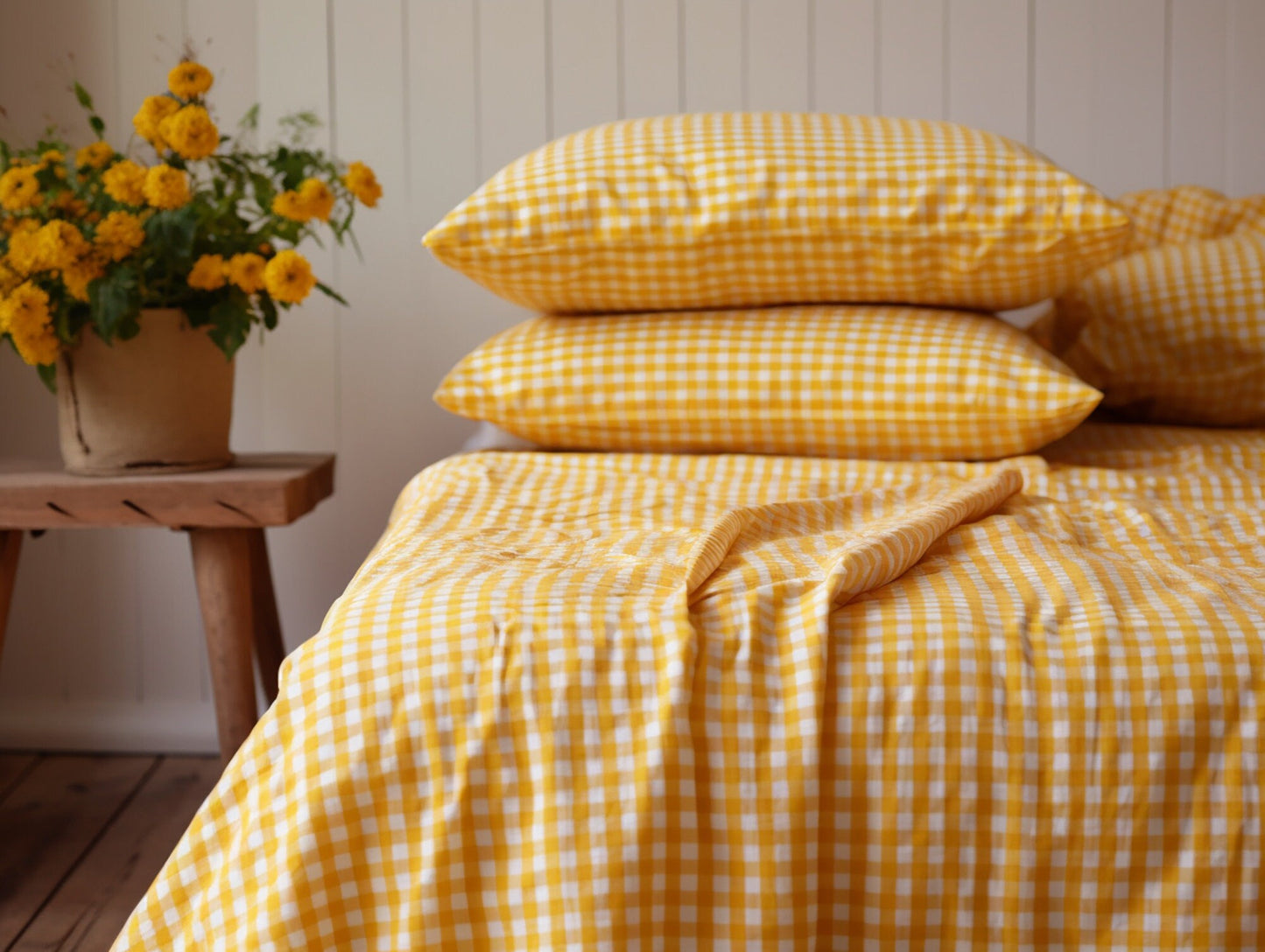 Yellow gingham cotton flat sheet Checkered bed sheet Checked cotton bedding Yellow grid cotton bedding Queen King Double Twin Custom sizes