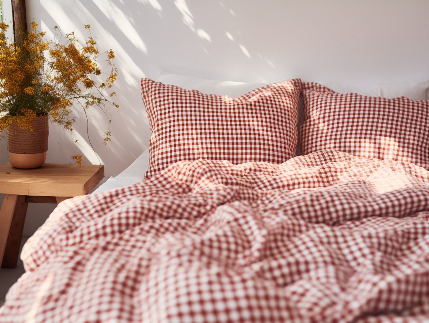 Red gingham cotton bed linen set Checked red duvet cover and 2 pillow covers Red checkered cotton bedding Natural red grid cotton bedding