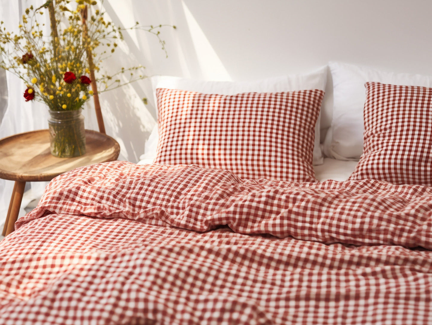 Red gingham cotton bed linen set Checked red duvet cover and 2 pillow covers Red checkered cotton bedding Natural red grid cotton bedding