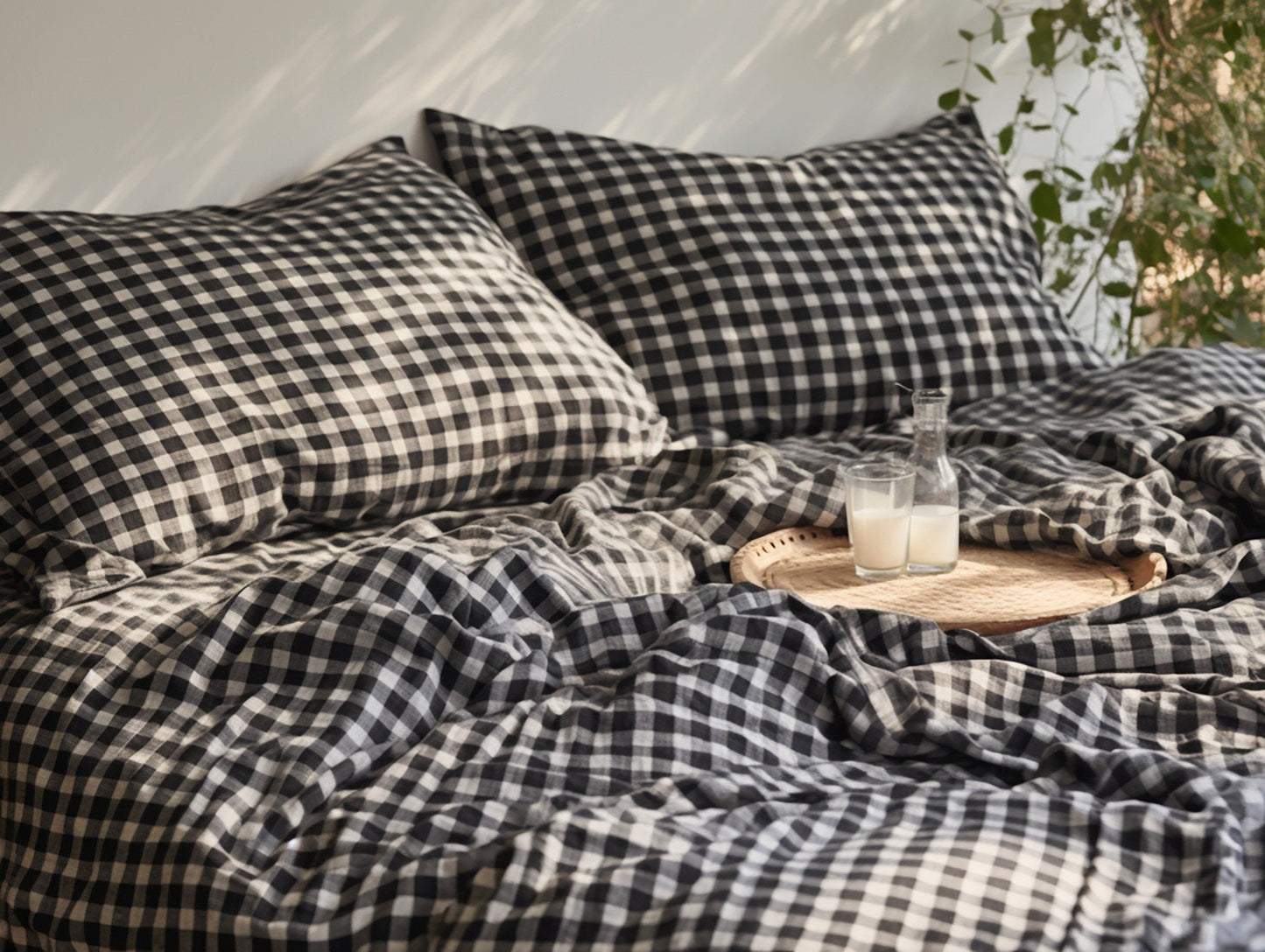 Black gingham cotton bed linen set Checked duvet cover and 2 pillow covers Black checkered cotton bedding Natural black grid cotton bedding