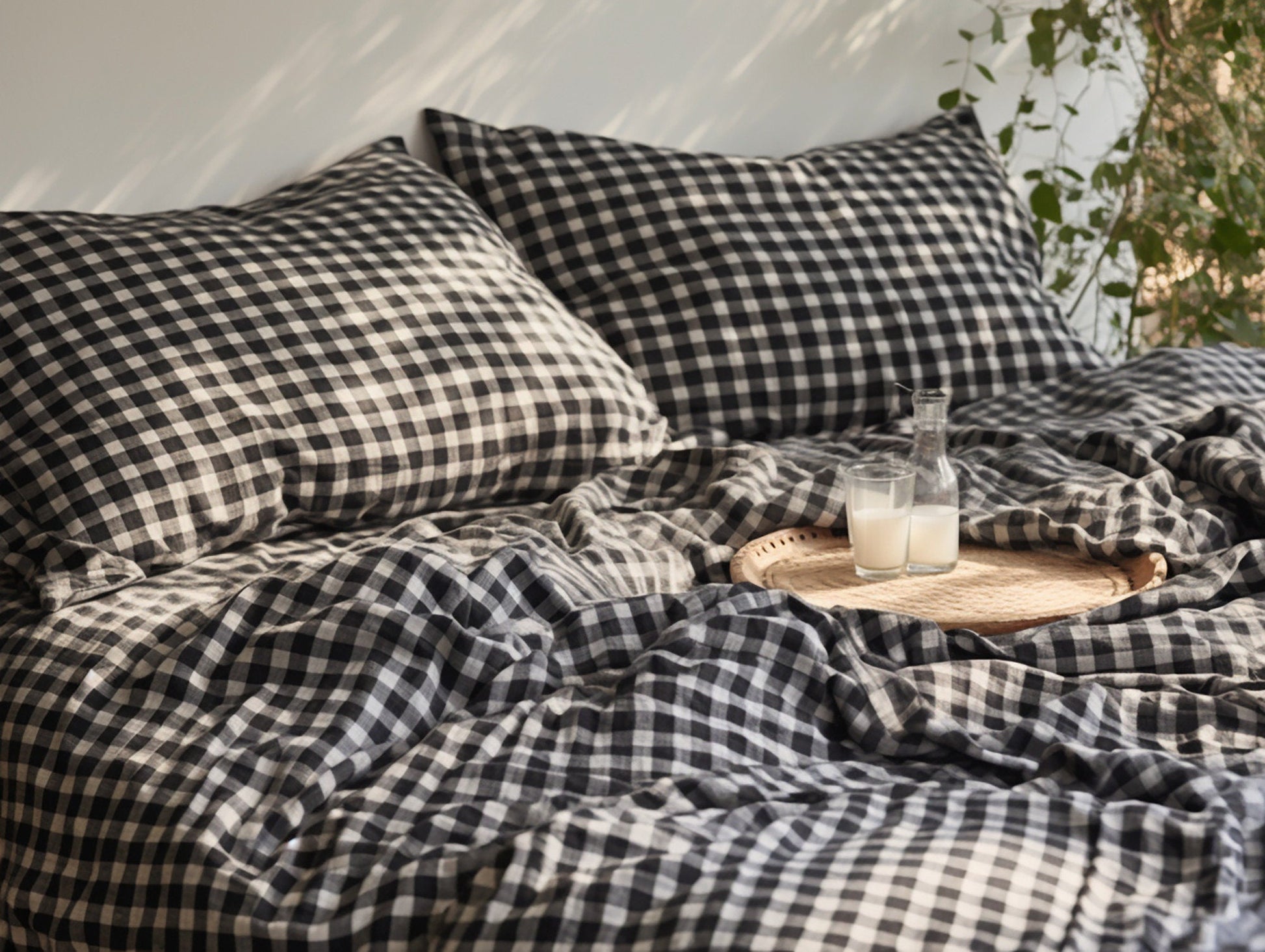 Black gingham cotton bed linen set Checked duvet cover and 2 pillow covers Black checkered cotton bedding Natural black grid cotton bedding