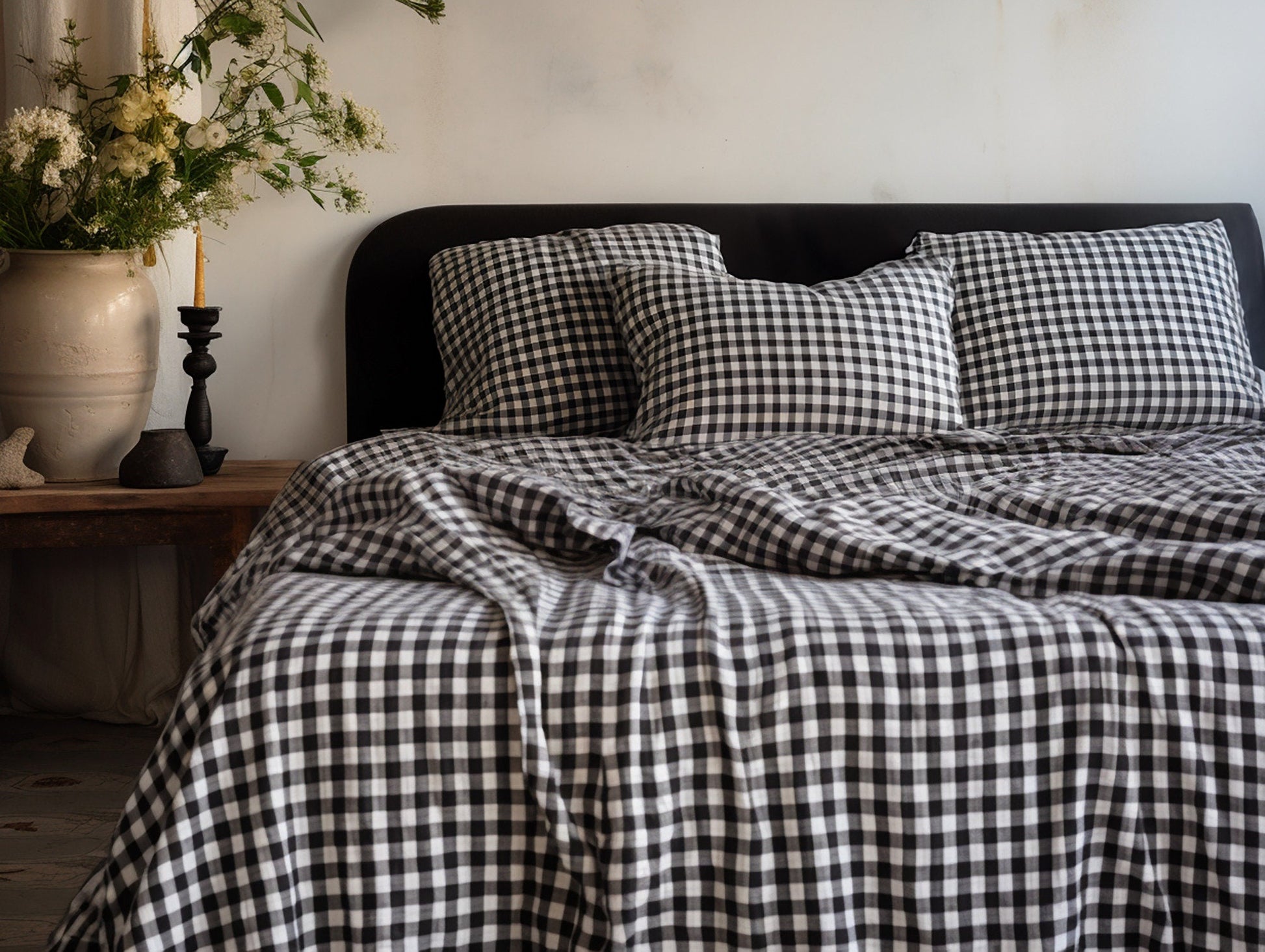 Black gingham cotton bed linen set Checked duvet cover and 2 pillow covers Black checkered cotton bedding Natural black grid cotton bedding