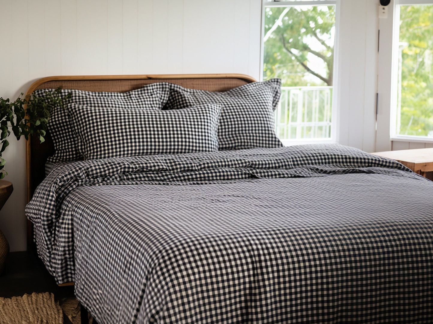 Black gingham cotton pillow cases or shams set 1 or 2 Checked black pillow covers Black checkered cotton sham Black grid cotton pillow