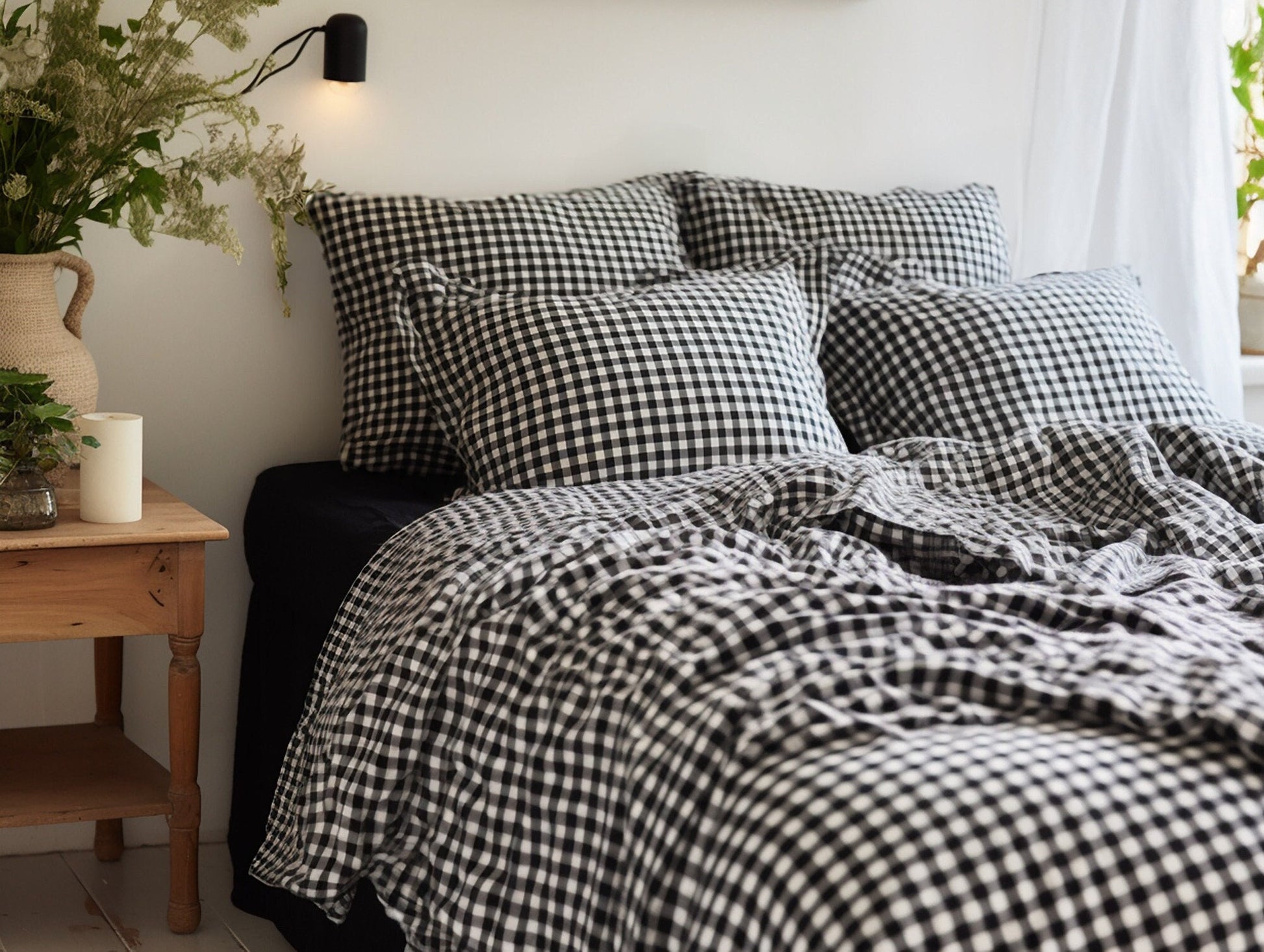 Black gingham cotton pillow cases or shams set 1 or 2 Checked black pillow covers Black checkered cotton sham Black grid cotton pillow