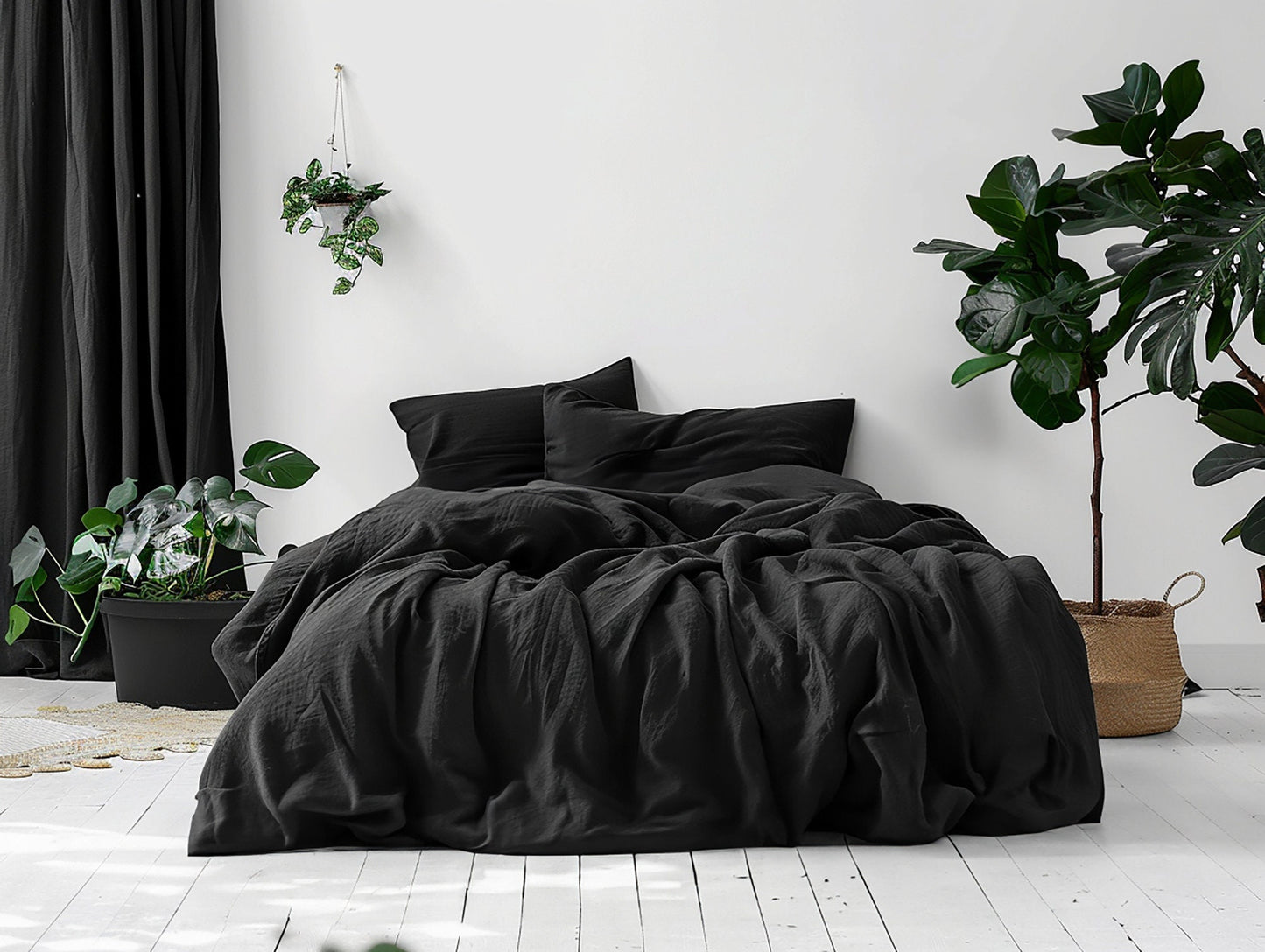 Black natural linen duvet cover and 2 pillow covers Queen King Full Double custom size linen bedding Softened washed thermoregulating