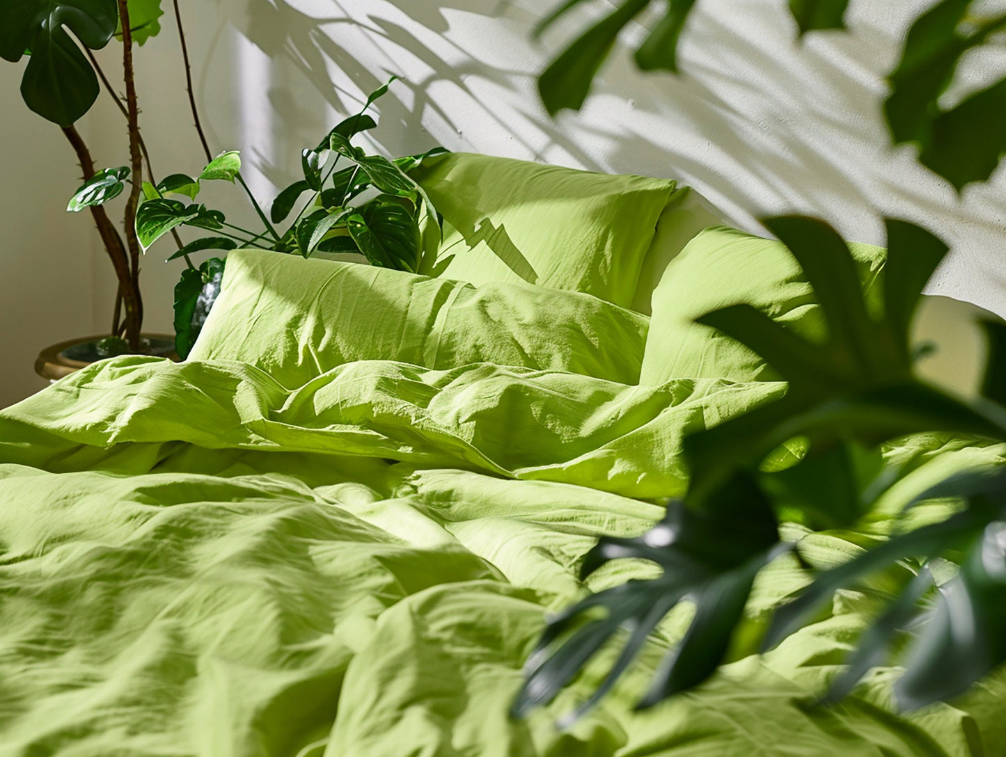 Chartreuse natural linen duvet cover and 2 pillow covers Queen King Full Double custom size linen bedding Softened washed thermoregulating