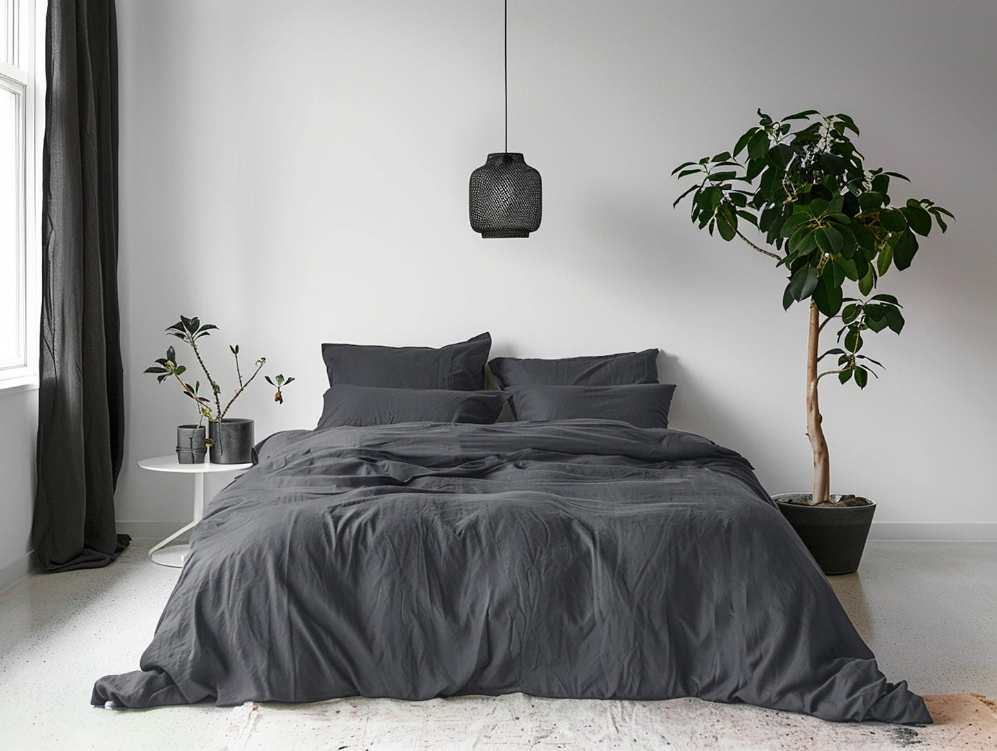 Graphite natural linen duvet cover and 2 pillow covers Queen King Full Double custom size linen bedding Softened washed thermoregulating