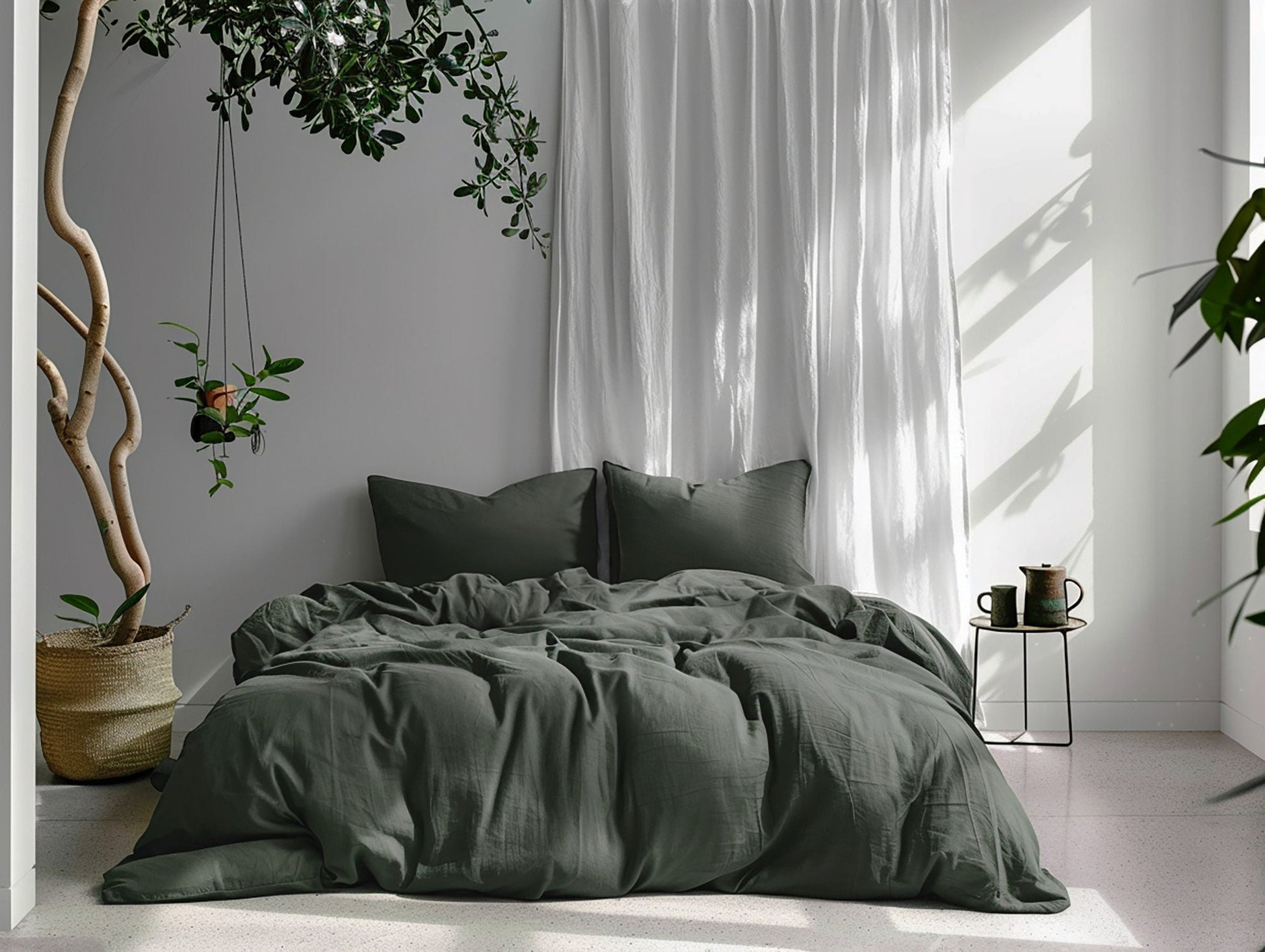 Seaweed natural linen duvet cover and 2 pillow covers Queen King Full Double custom size linen bedding Softened washed thermoregulating