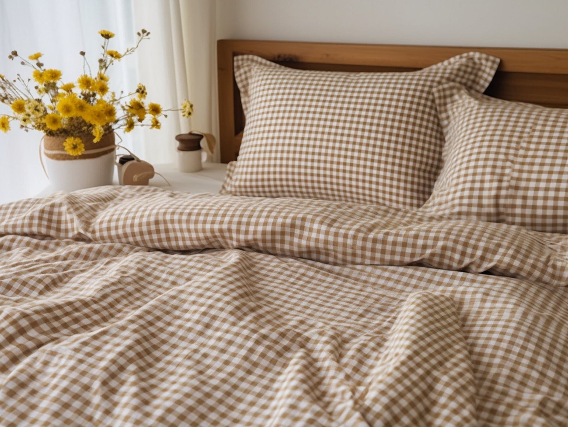 Beige gingham cotton bed linen set Checked duvet cover and 2 pillow covers Beige checkered cotton bedding Natural beige grid cotton bedding