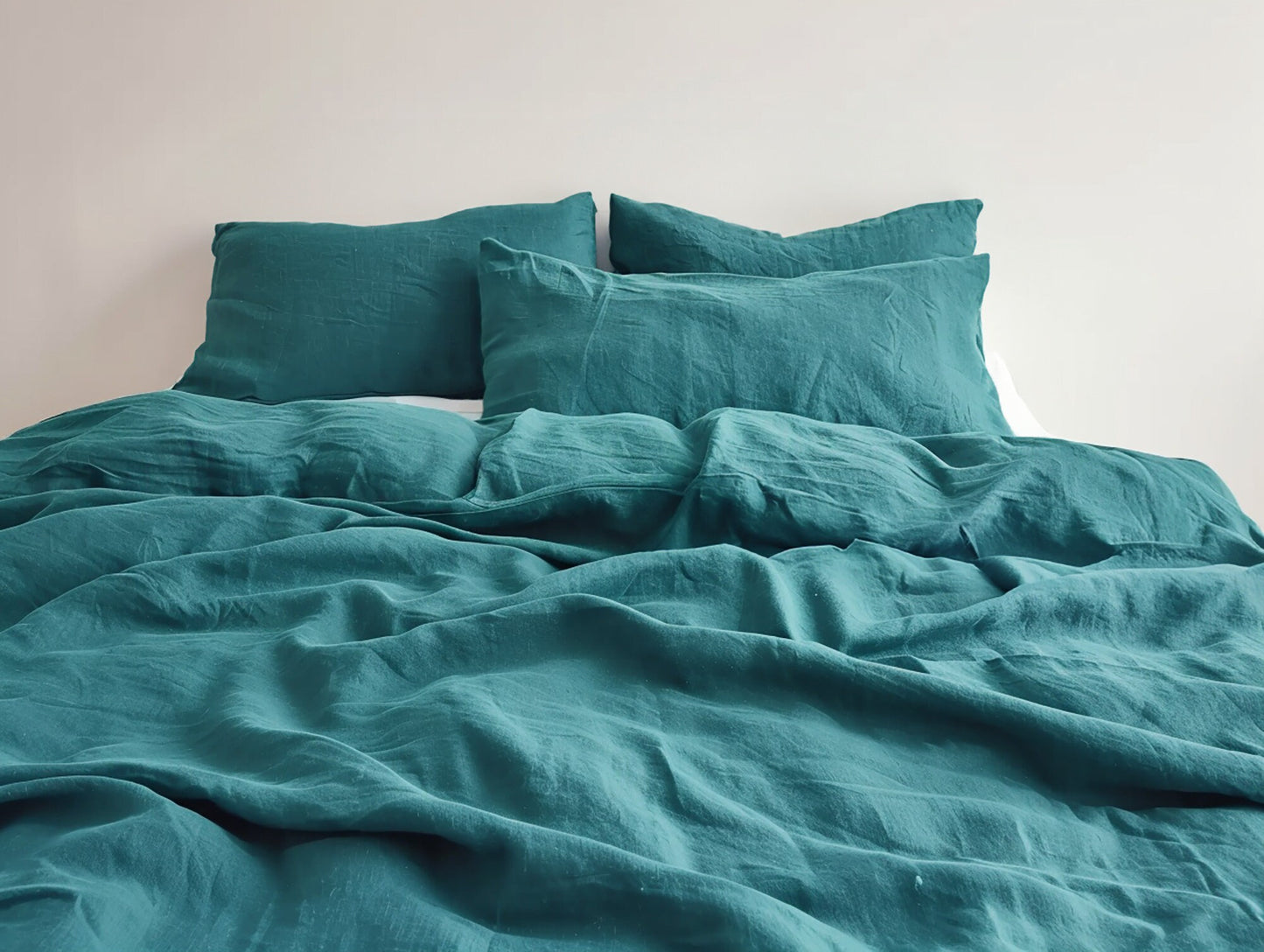 Teal natural linen duvet cover and 2 pillow covers Queen King Full Double custom size linen bedding Softened washed thermoregulating