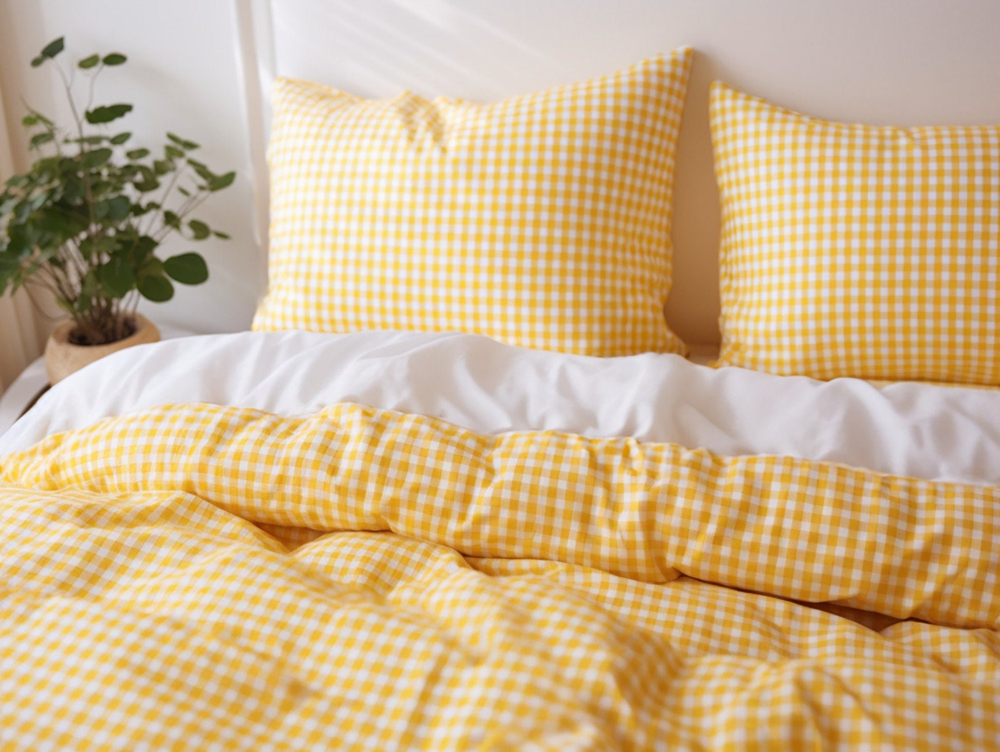 Yellow gingham cotton pillow cases or shams set 1 or 2 Checked yellow pillow covers Yellow checkered cotton sham Yellow grid cotton pillow