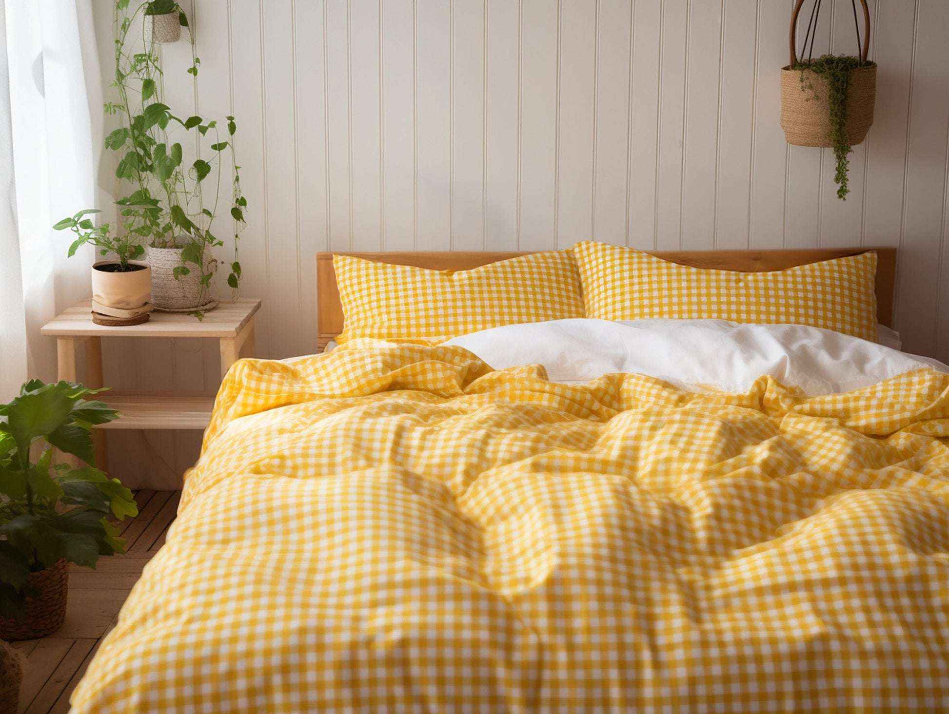 Yellow gingham cotton pillow cases or shams set 1 or 2 Checked yellow pillow covers Yellow checkered cotton sham Yellow grid cotton pillow