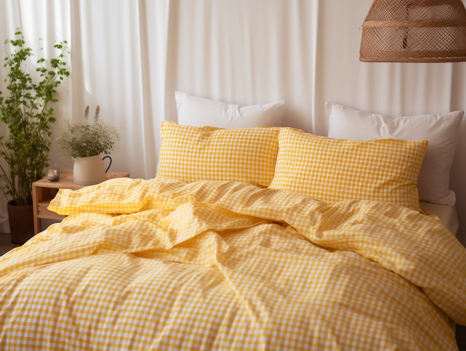 Yellow gingham cotton pillow cases or shams set 1 or 2 Checked yellow pillow covers Yellow checkered cotton sham Yellow grid cotton pillow