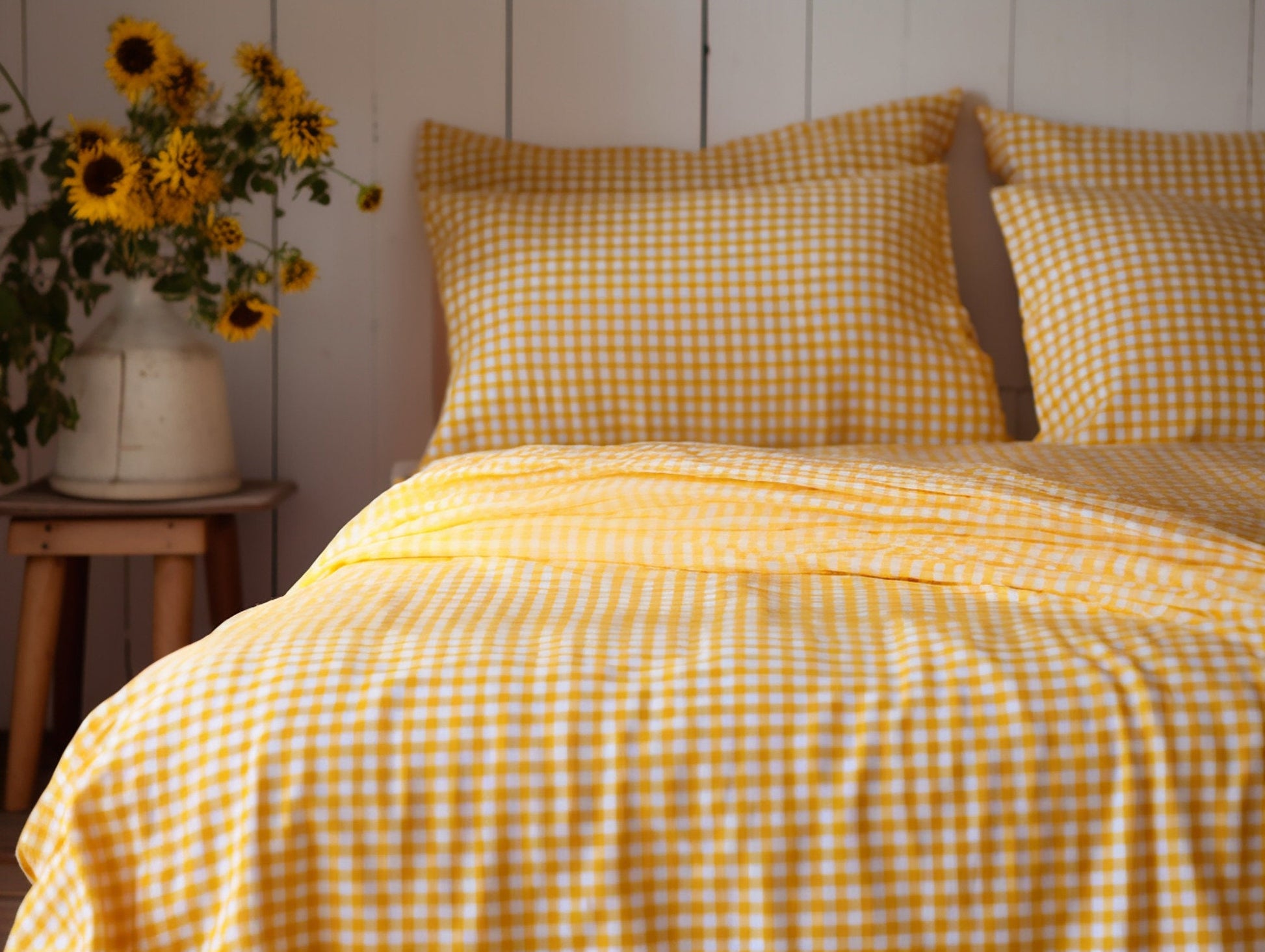 Yellow gingham cotton fitted sheet Checkered deep pocket Checked cotton bedding Yellow grid cotton Full Queen King Twin Double Custom size