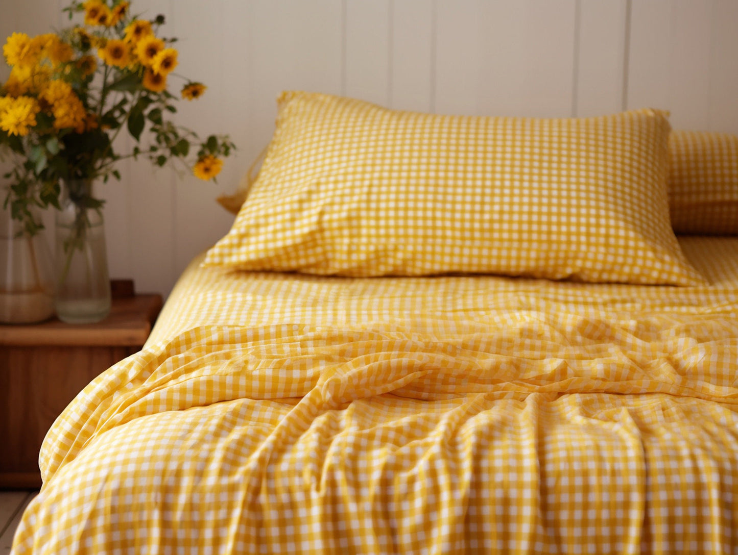 Yellow gingham cotton fitted sheet Checkered deep pocket Checked cotton bedding Yellow grid cotton Full Queen King Twin Double Custom size