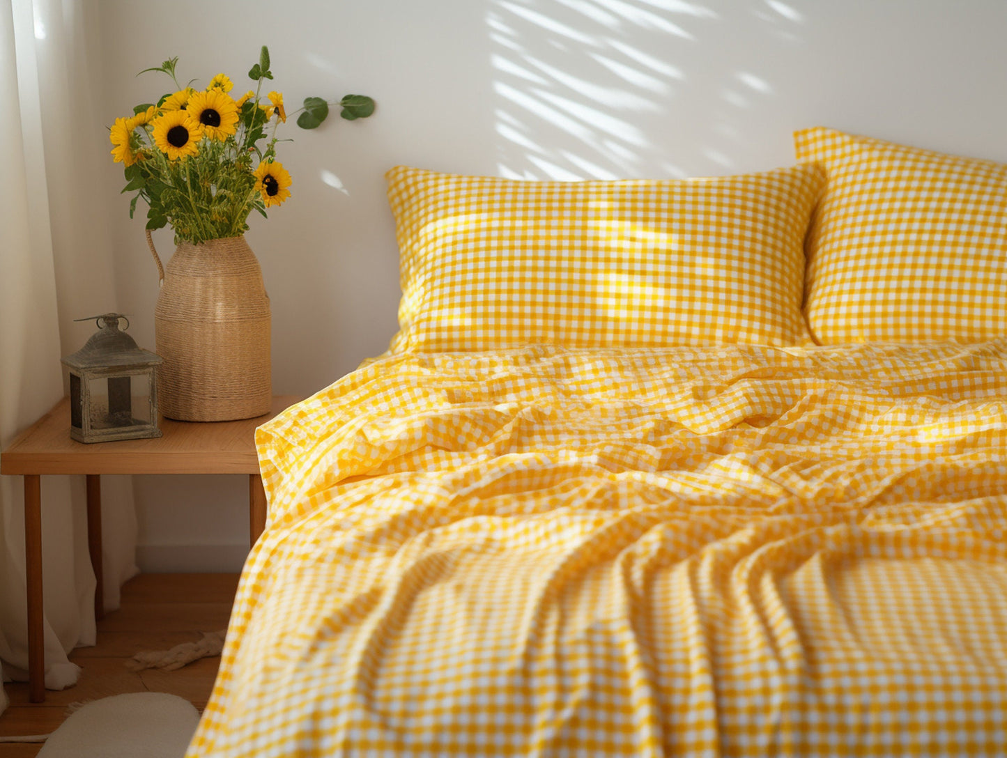 Yellow gingham cotton fitted sheet Checkered deep pocket Checked cotton bedding Yellow grid cotton Full Queen King Twin Double Custom size