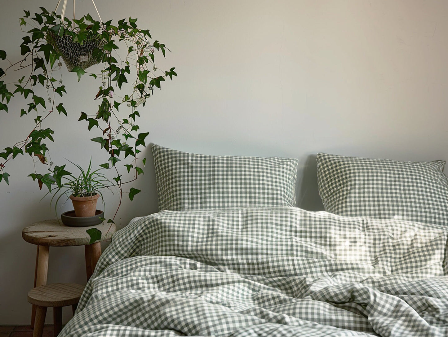 Gray sage gingham cotton bed linen set Checked duvet cover and 2 pillow covers Green checkered cotton bedding Green grid cotton bedding