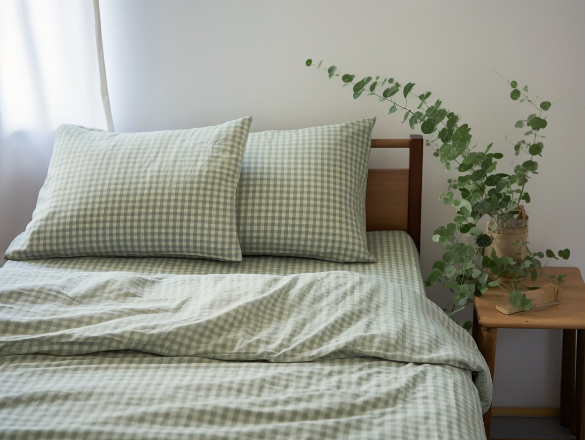 Gray sage gingham cotton bed linen set Checked duvet cover and 2 pillow covers Green checkered cotton bedding Green grid cotton bedding