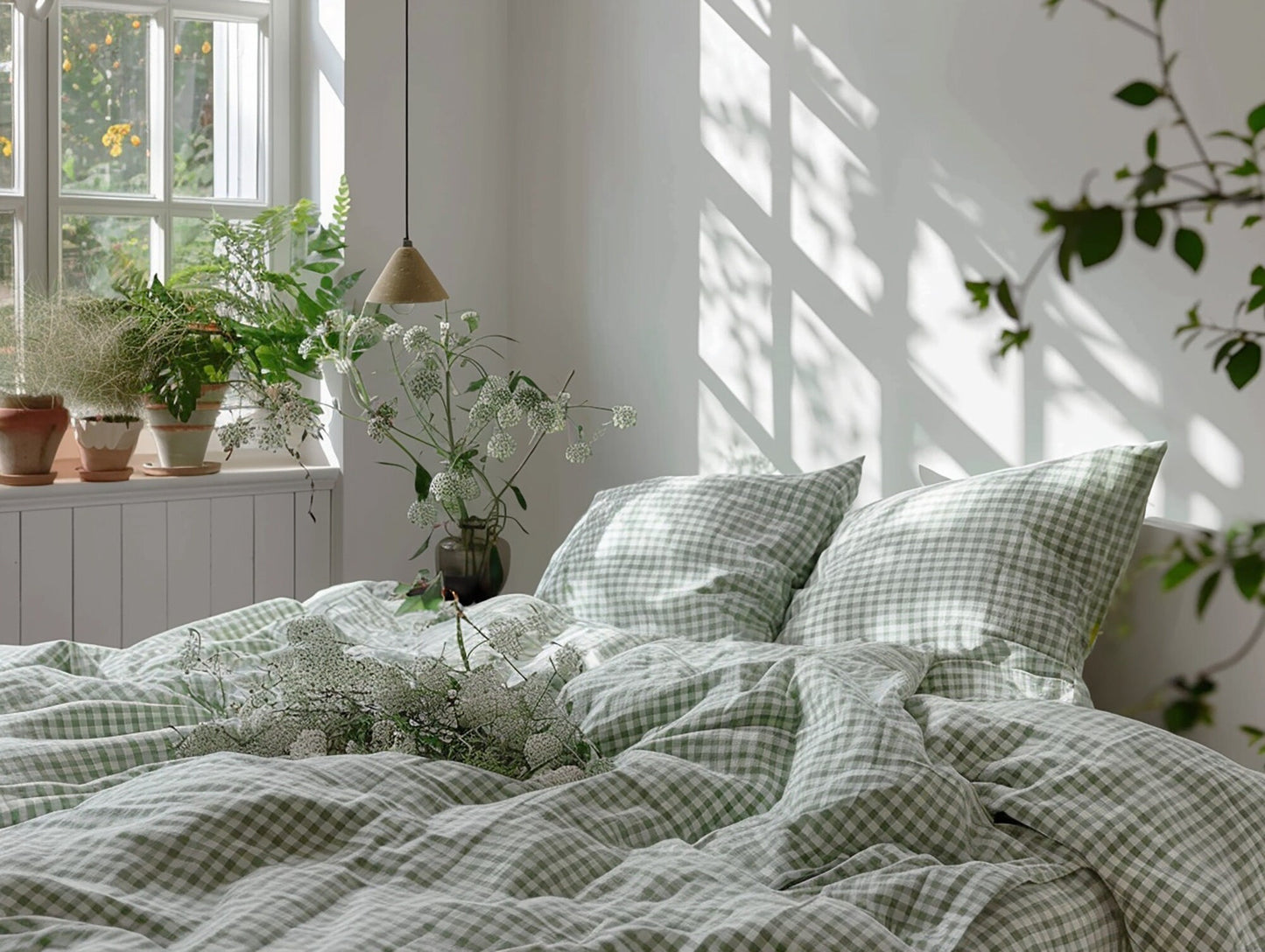 Gray sage gingham cotton bed linen set Checked duvet cover and 2 pillow covers Green checkered cotton bedding Green grid cotton bedding