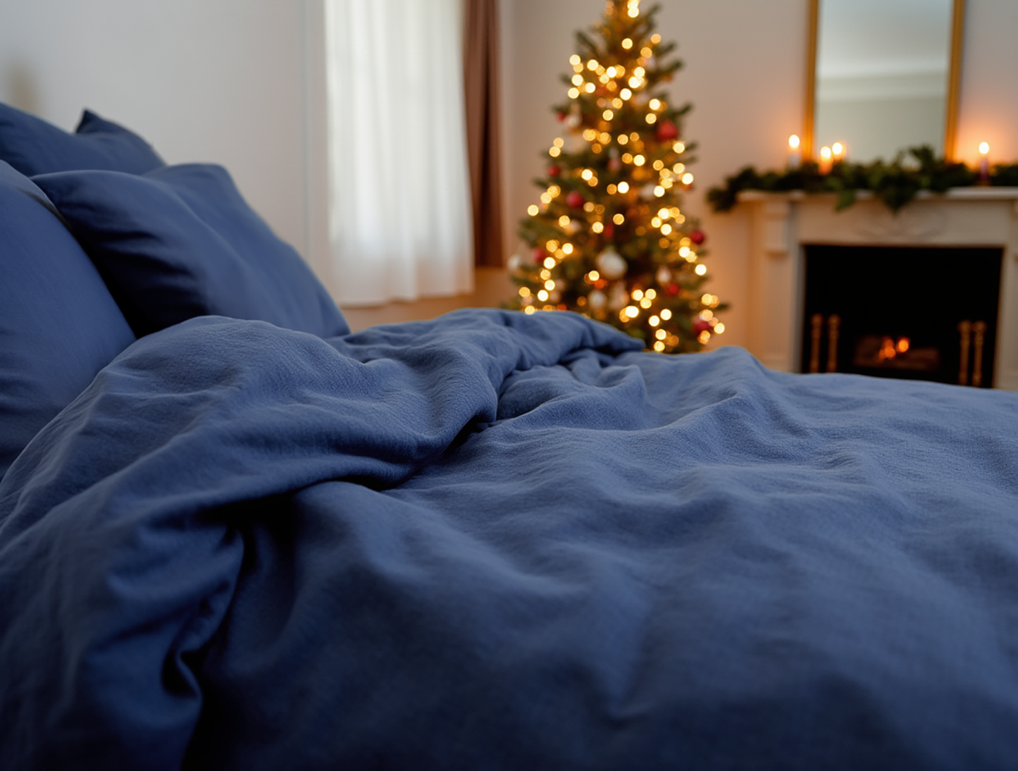 Christmas indigo linen coverlet