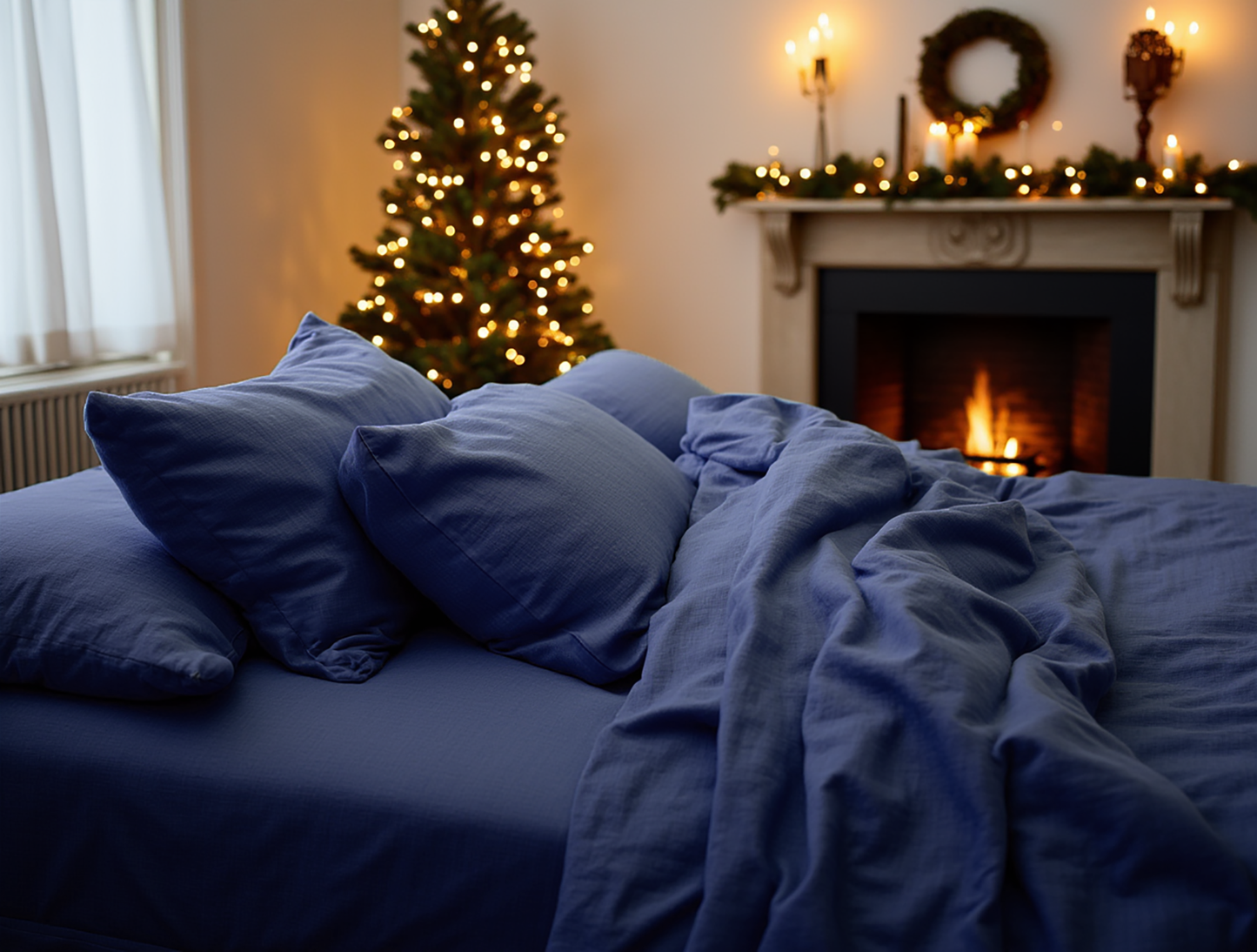 Christmas indigo linen coverlet