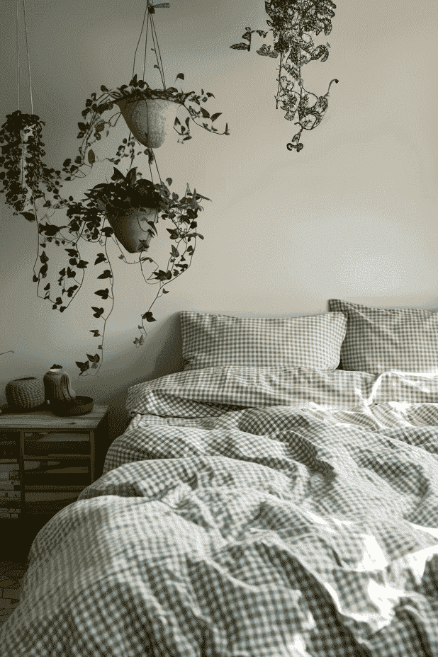 Gray sage gingham cotton bed set